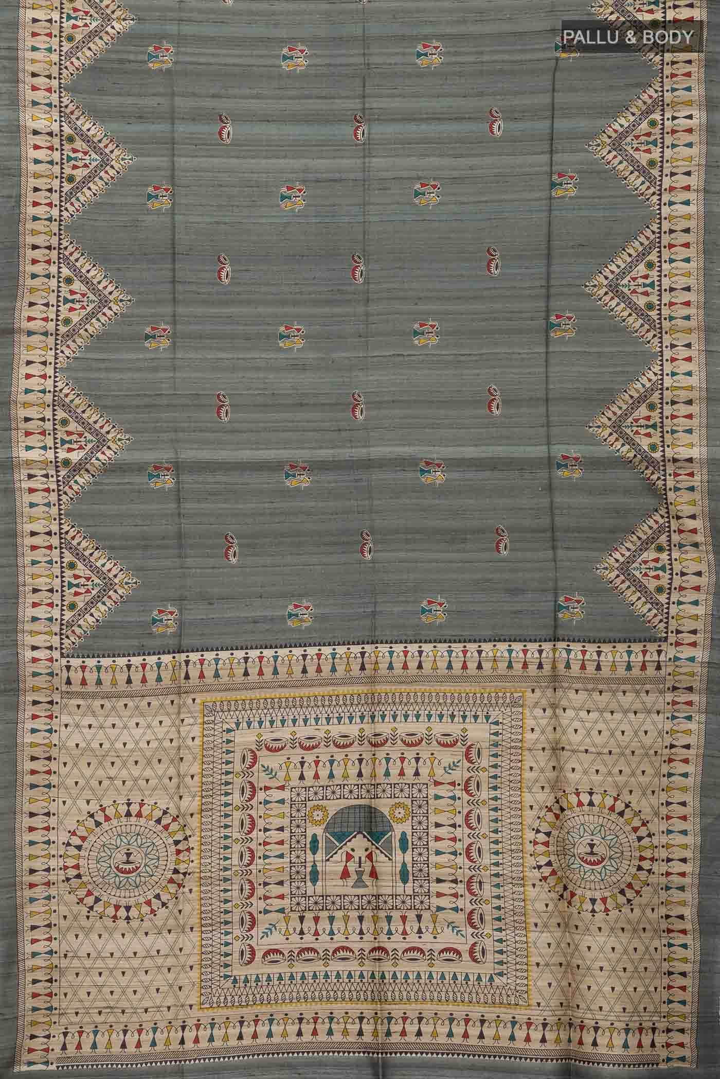 Grey Tussar Silk Saree