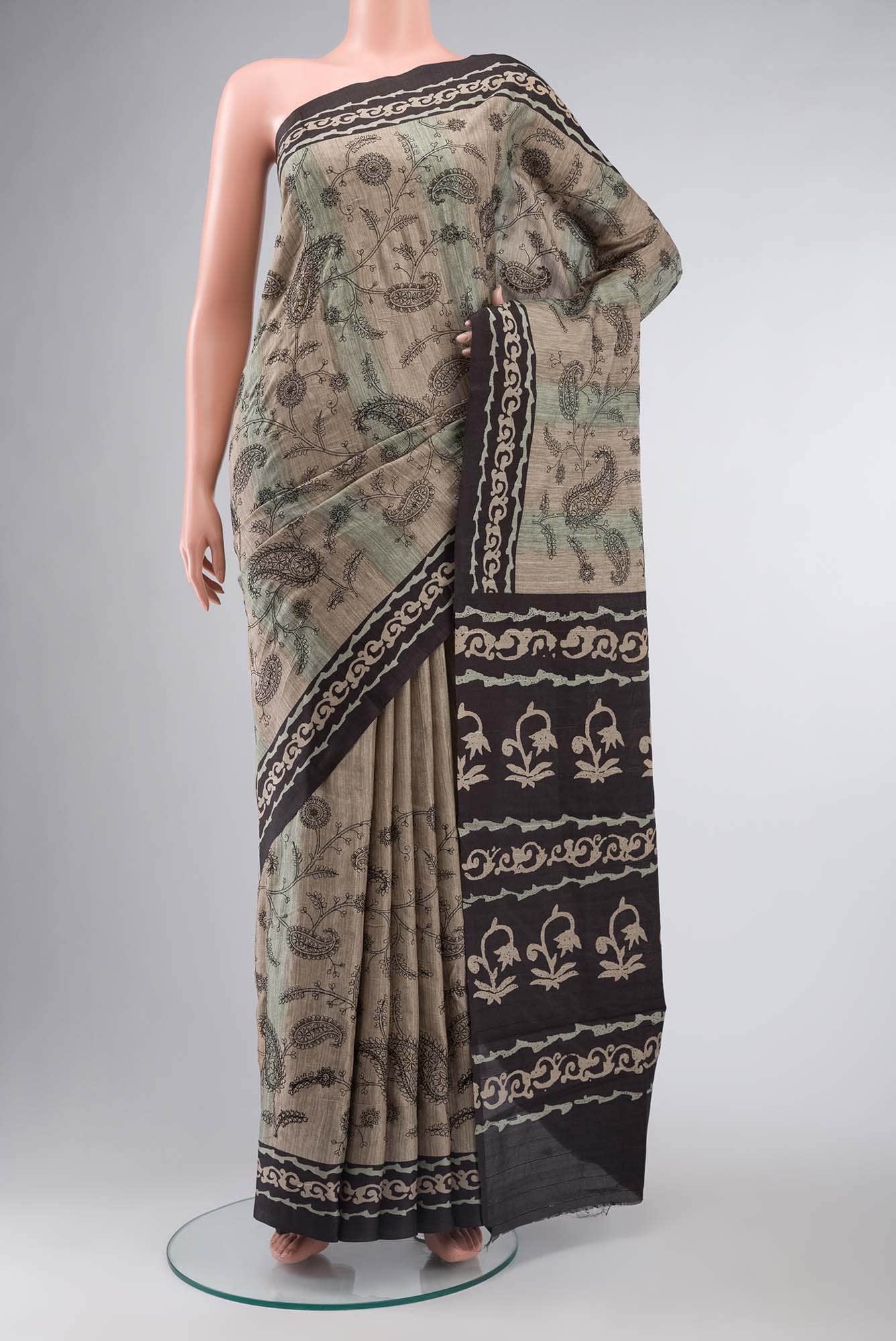 Beige Blended Tussar Silk Saree