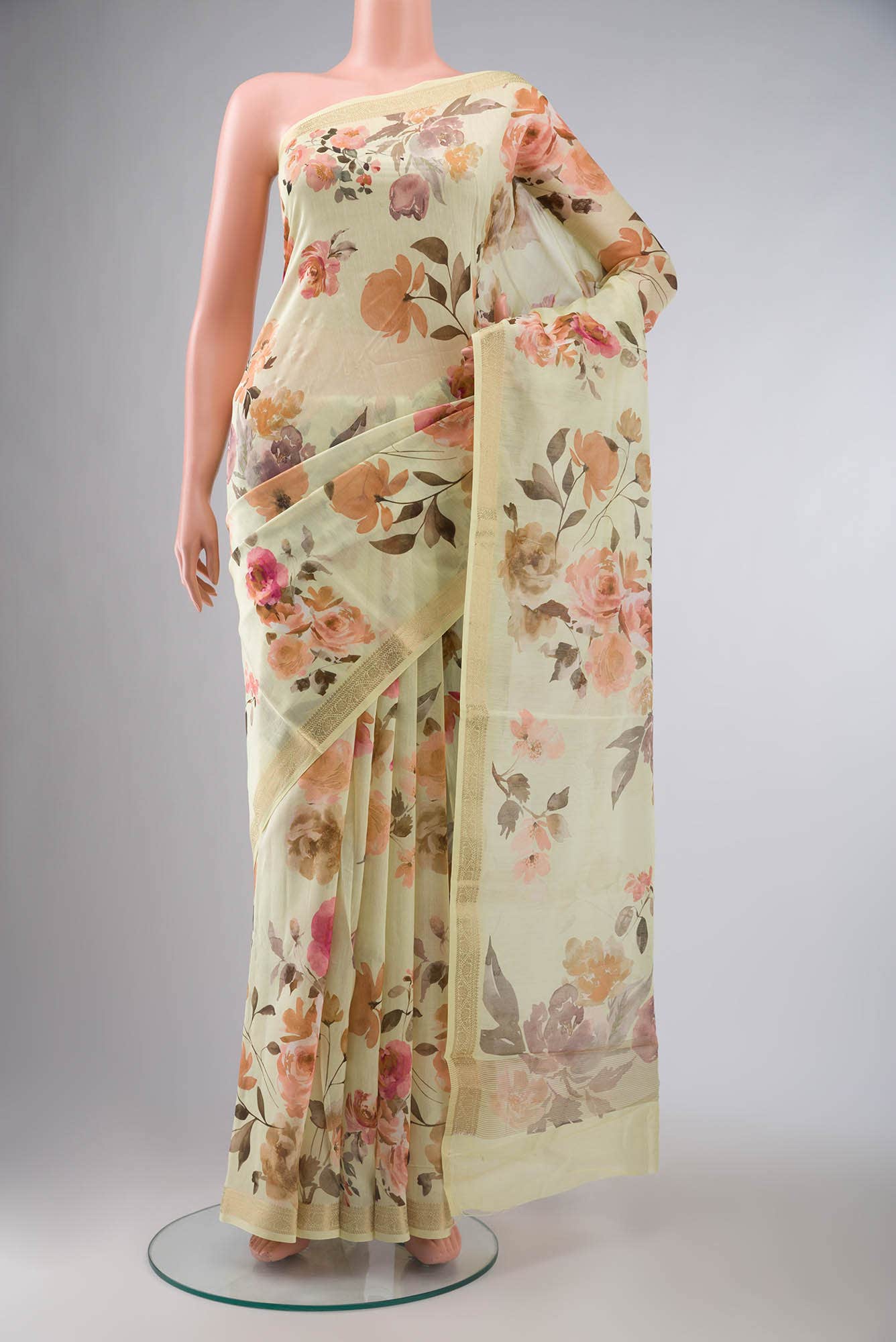 Lemon Yellow Chanderi Silk Cotton Saree