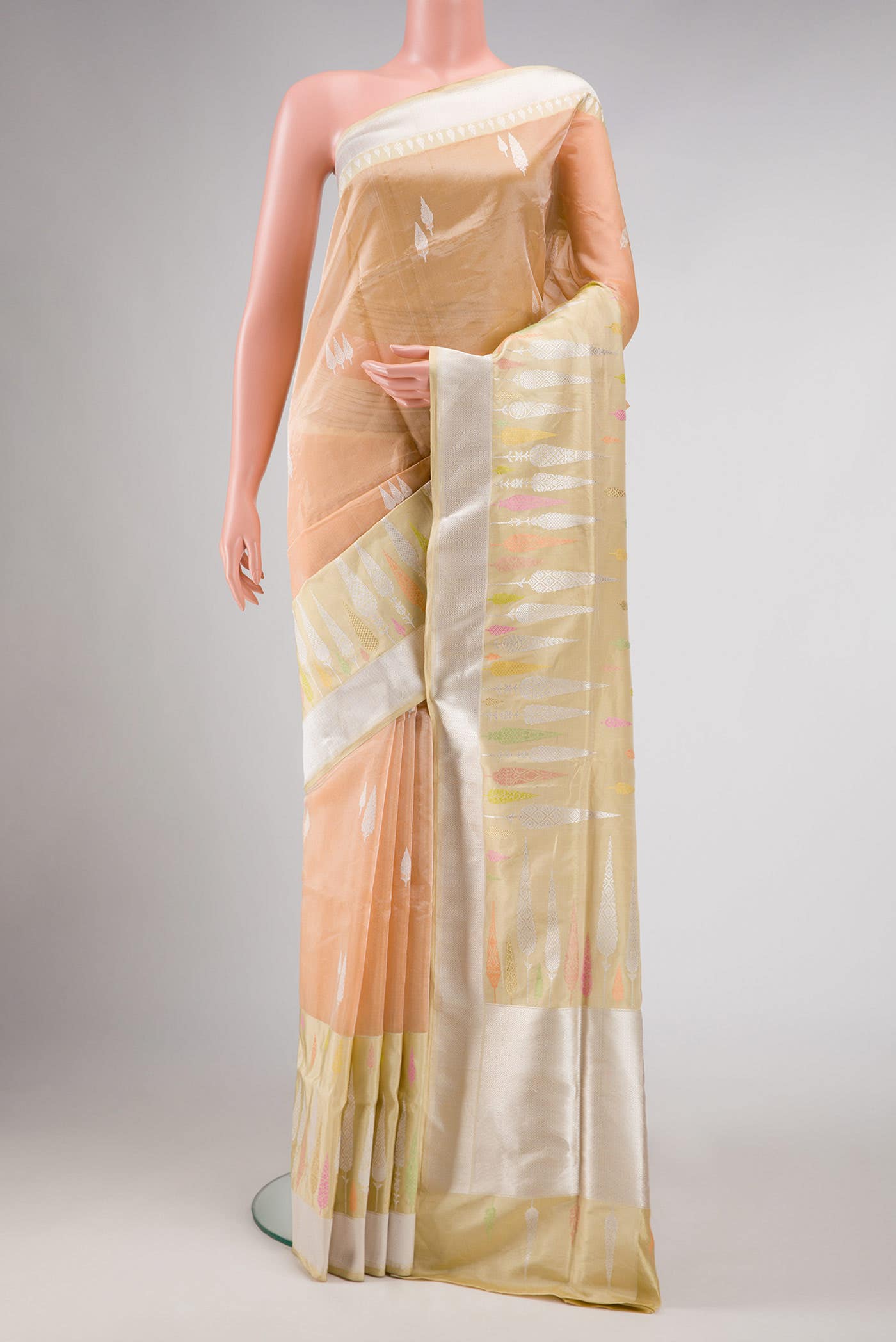 Golden Peach Dual Tone Banarasi Tissue Silk Saree