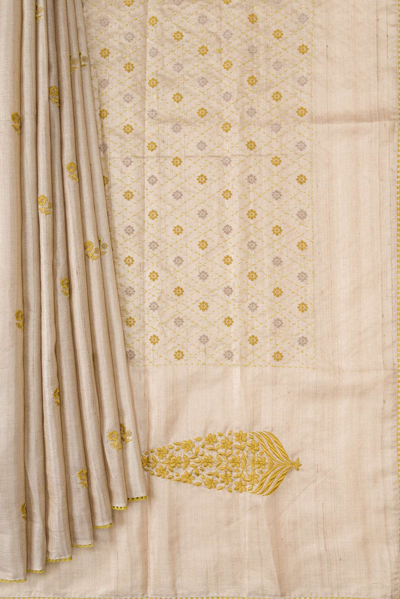 Beige Tussar Silk Saree
