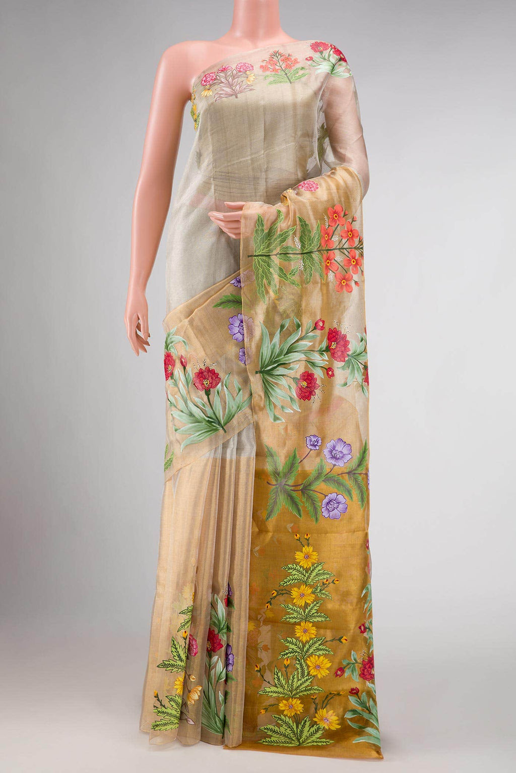 Gold and Silver Dual Tone Kanchipuram Tissue Silk Saree