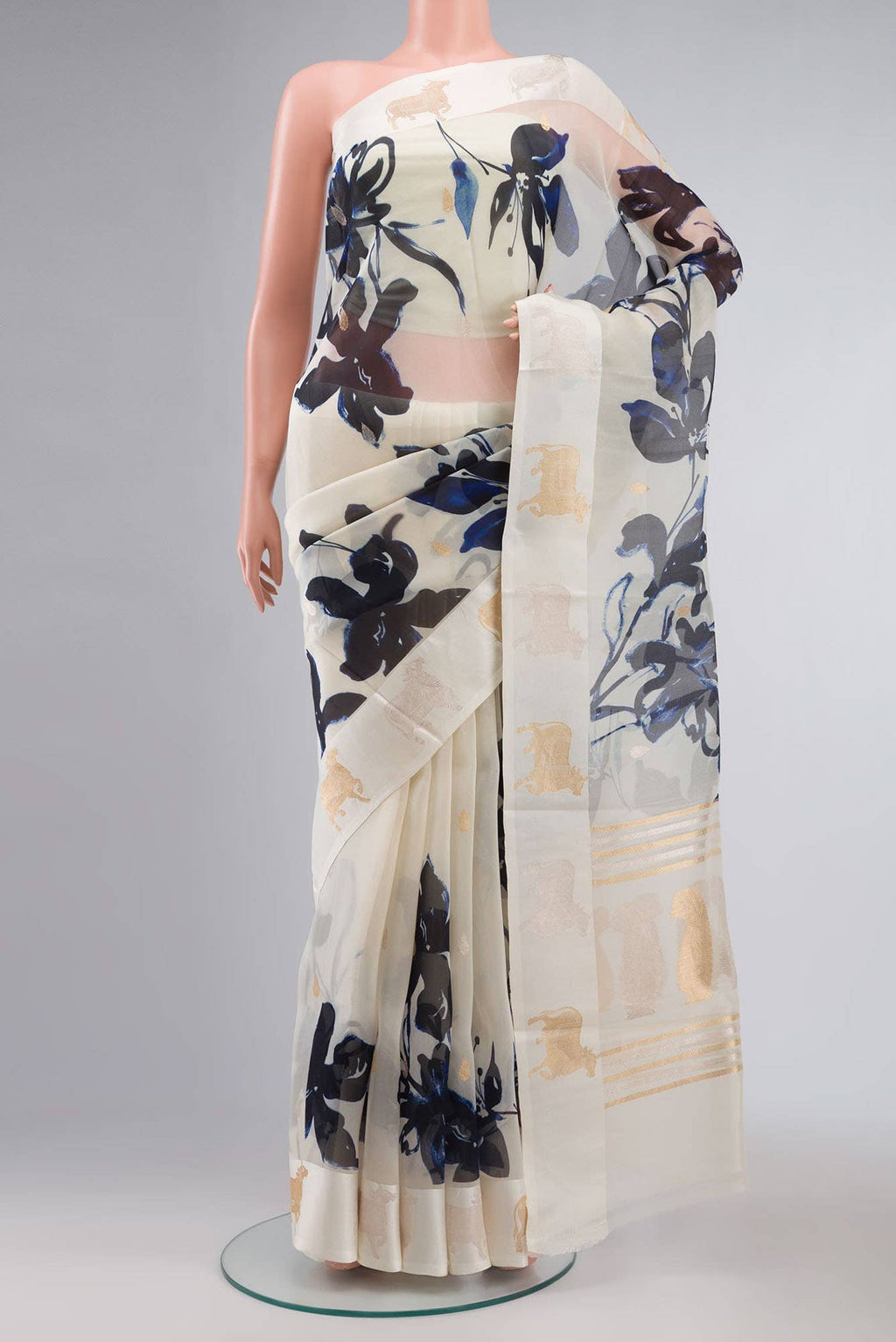 Cream Organza Silk Saree