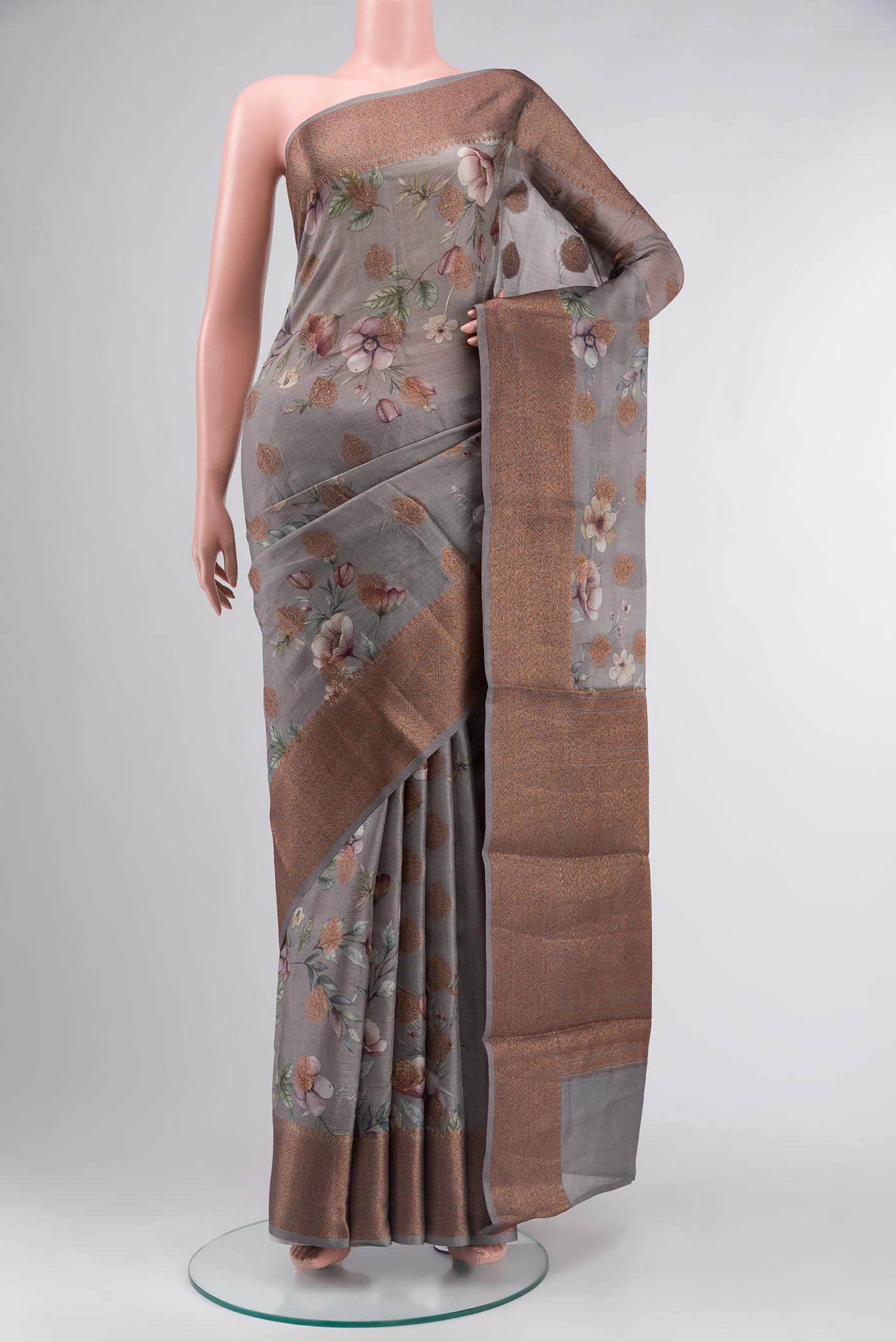 Grey Tussar Silk Saree