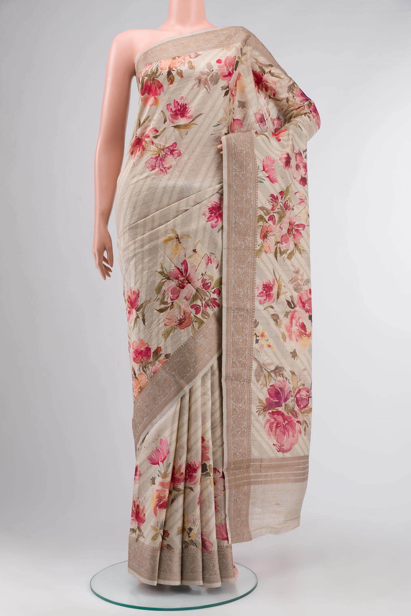 Beige Tussar Silk Saree