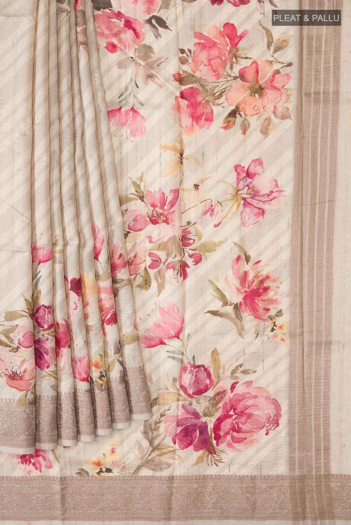 Beige Tussar Silk Saree