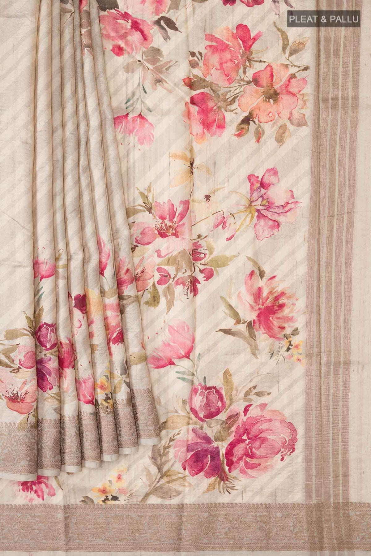 Beige Tussar Silk Saree