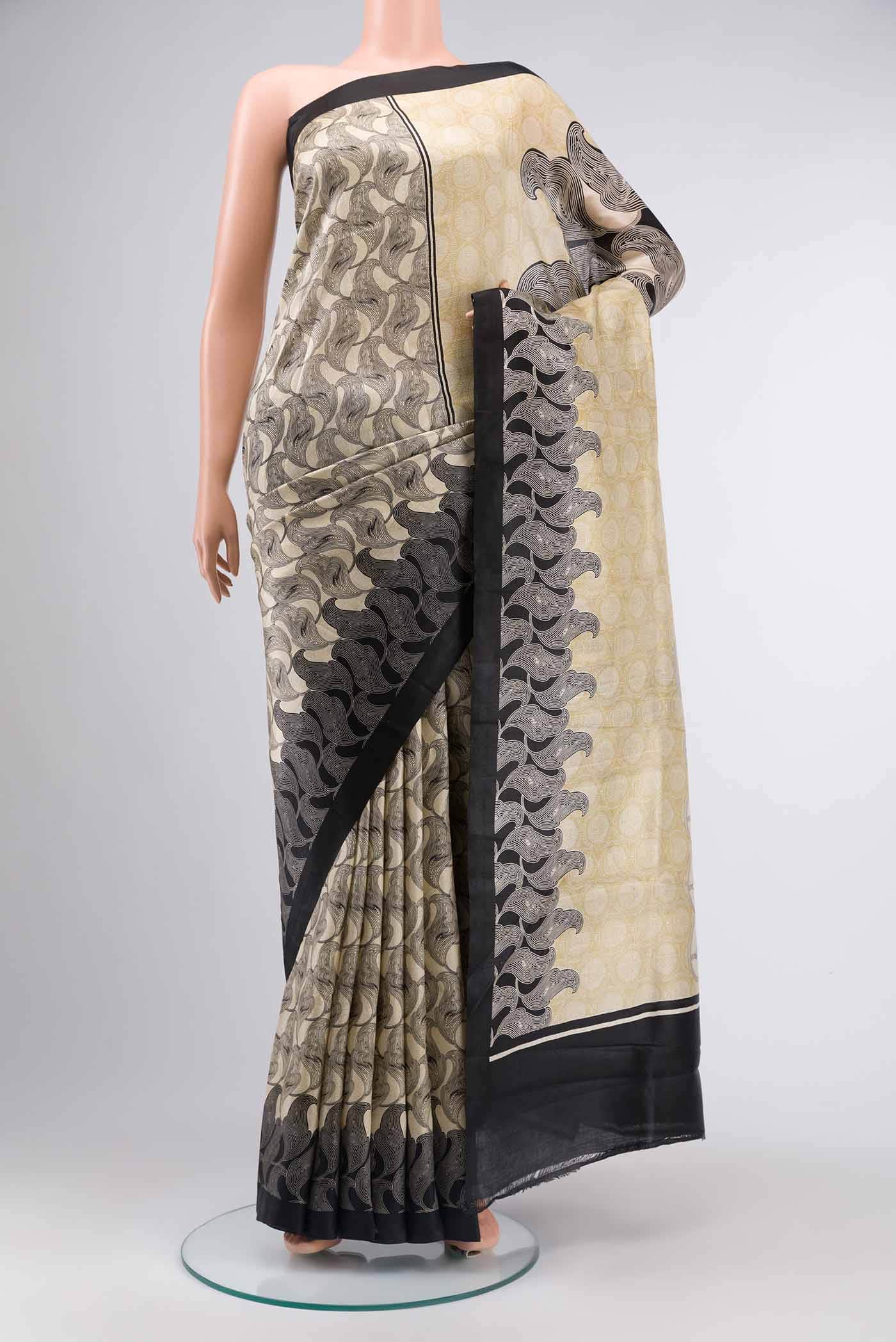 Beige Printed Silk Saree