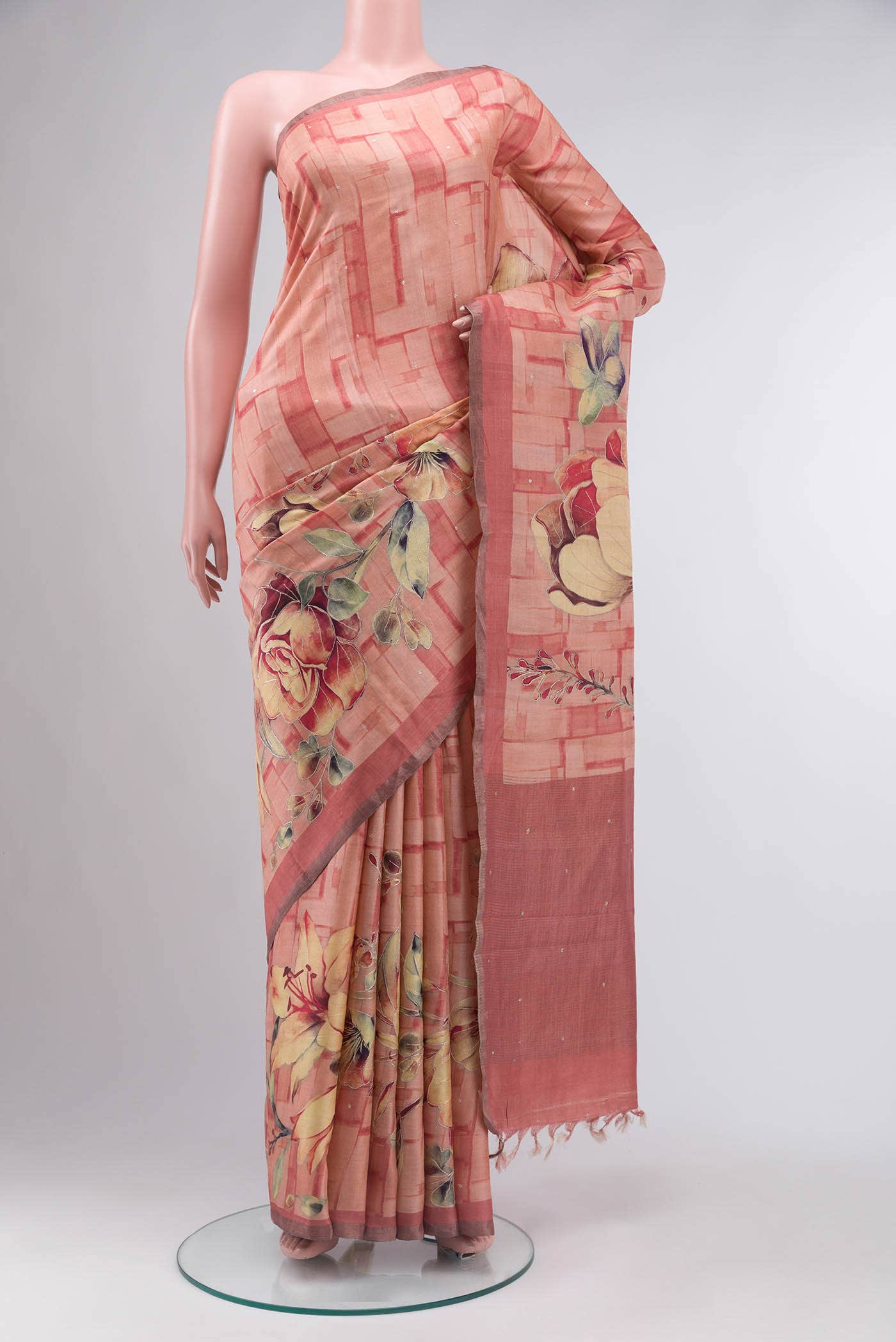 Peach Tussar Silk Saree