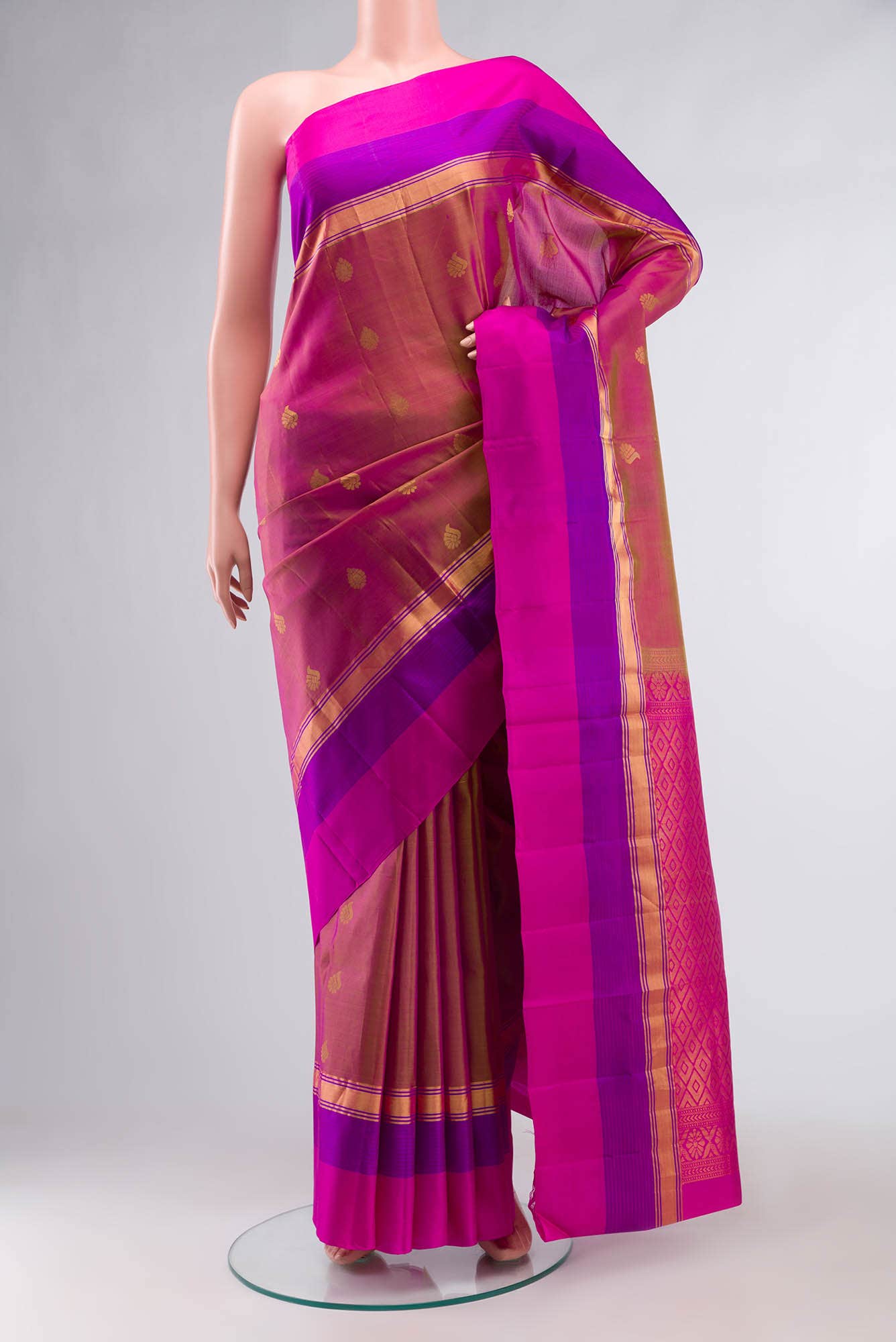 Pink With Green Dual Tone Soft Silk Saree