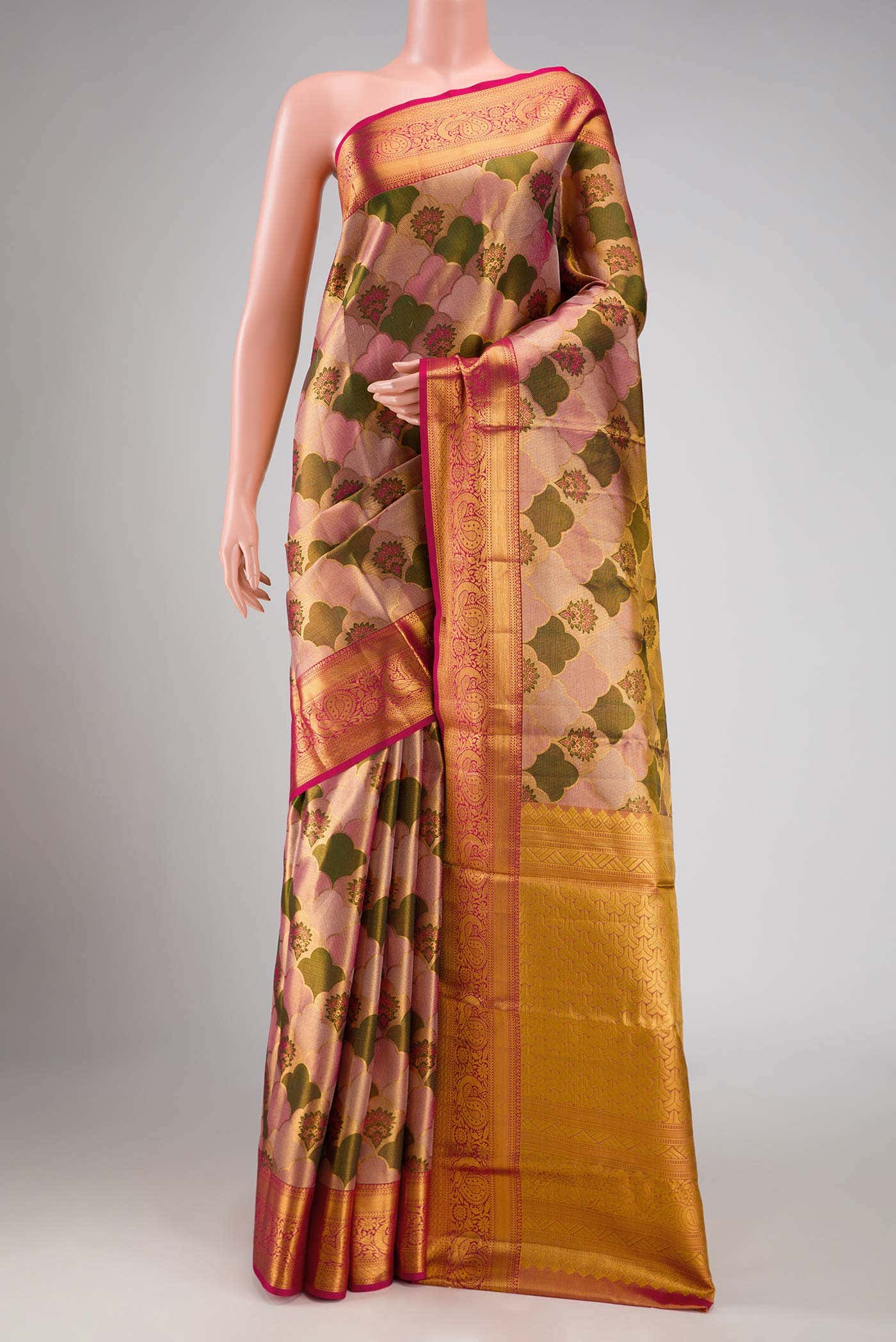 Pink and Green Dual Tone Kanchipuram Tissue Silk Saree