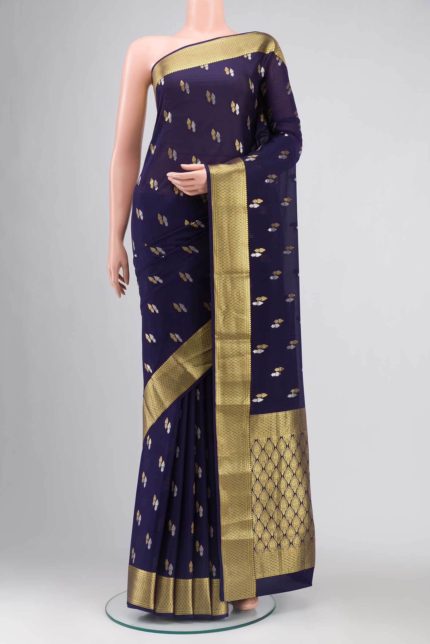 Navy Blue Mysore Crepe Saree