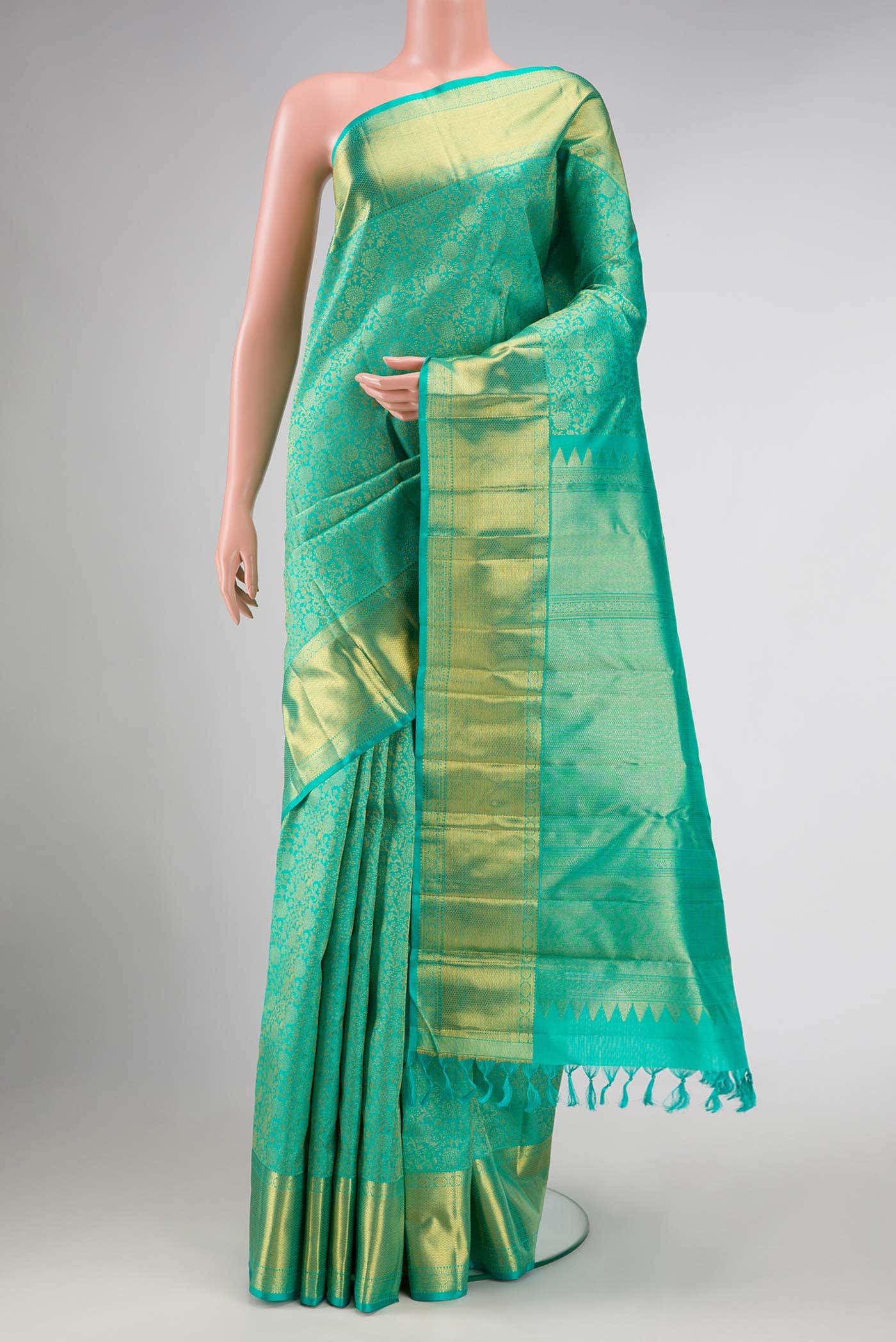Pure Silk Pure Zari Sea Green Dual Tone Kanchipuram Saree
