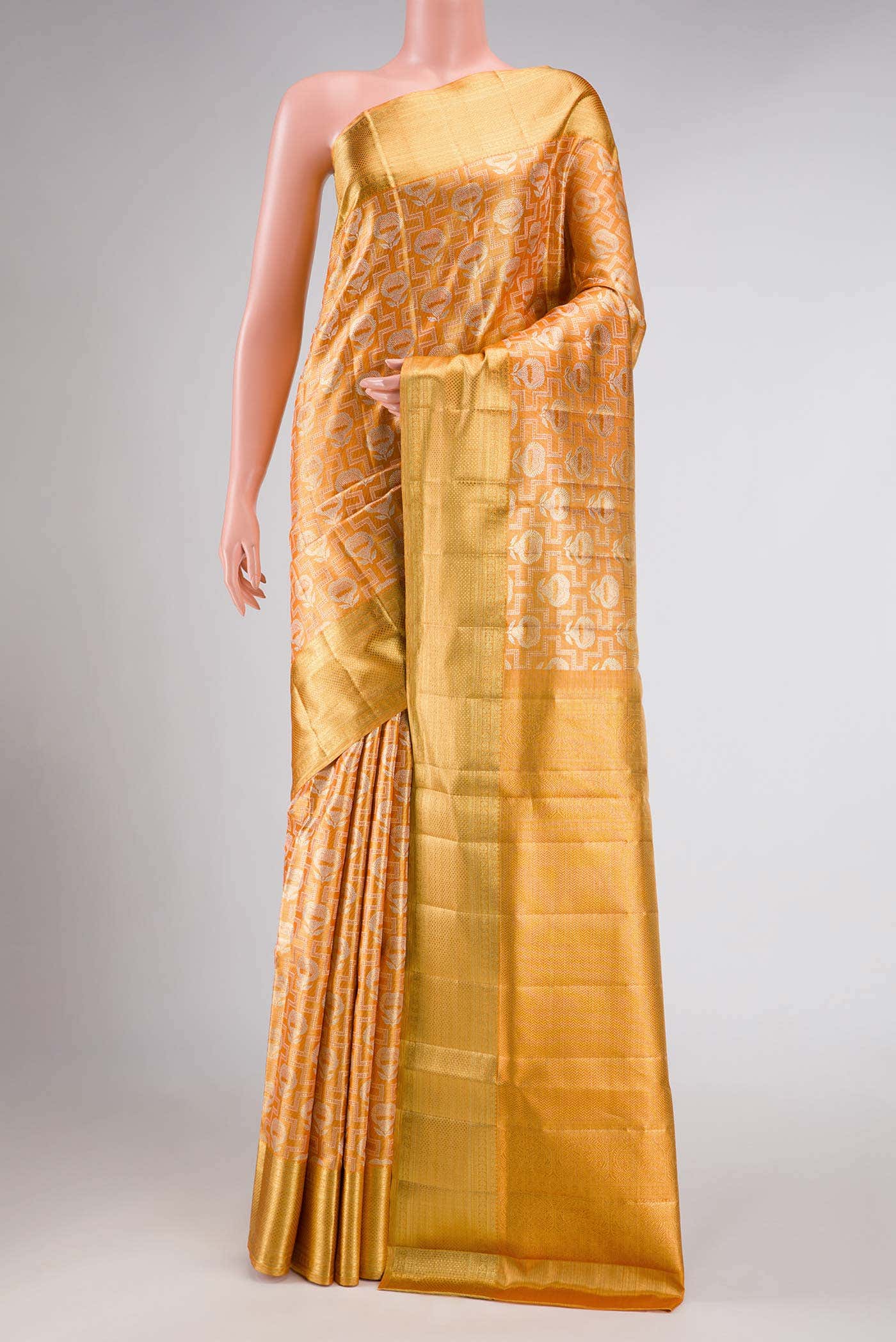 Golden Peach Dual Tone Kanchipuram Tissue Silk Saree