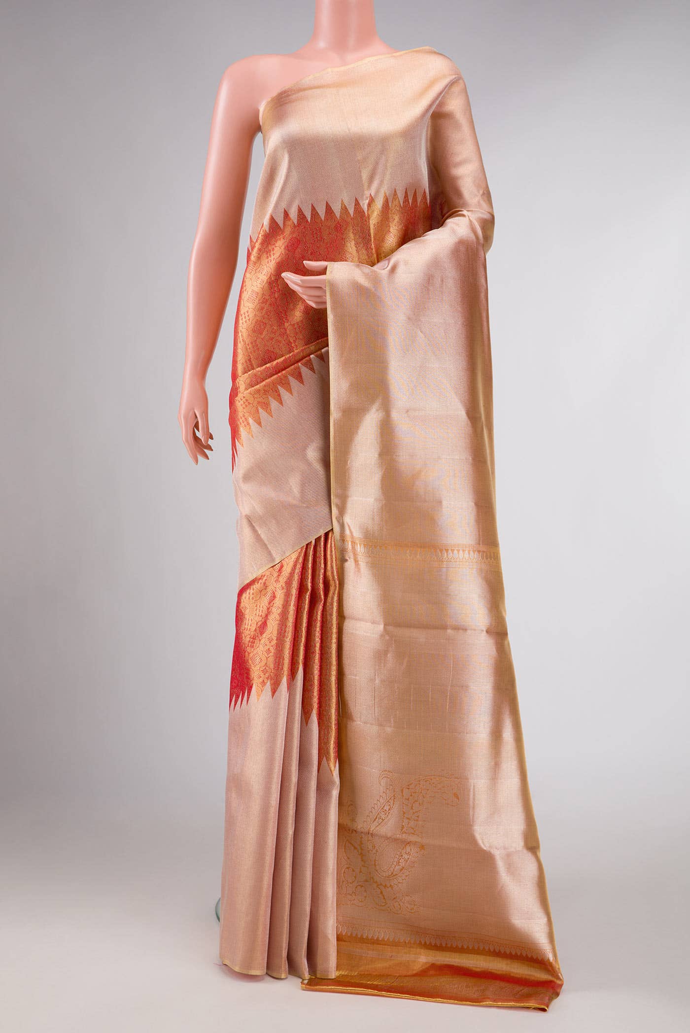 Peach Dual Tone Kanchipuram Tissue Silk Saree