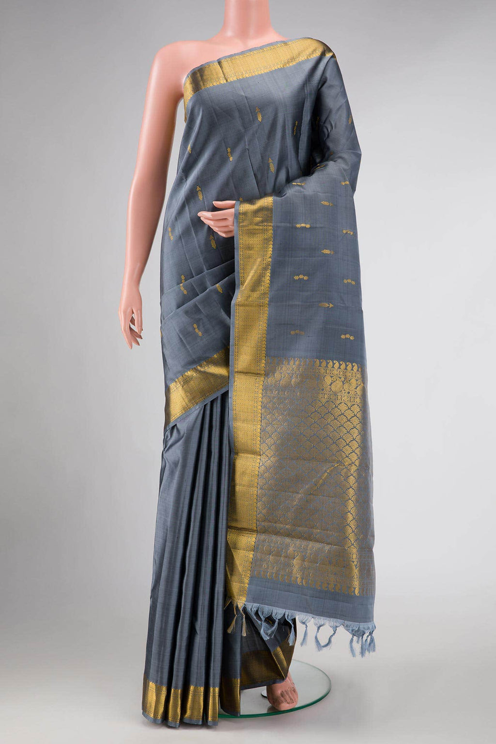 Pure Silk Pure Zari Grey Dual Tone Kanchipuram Saree