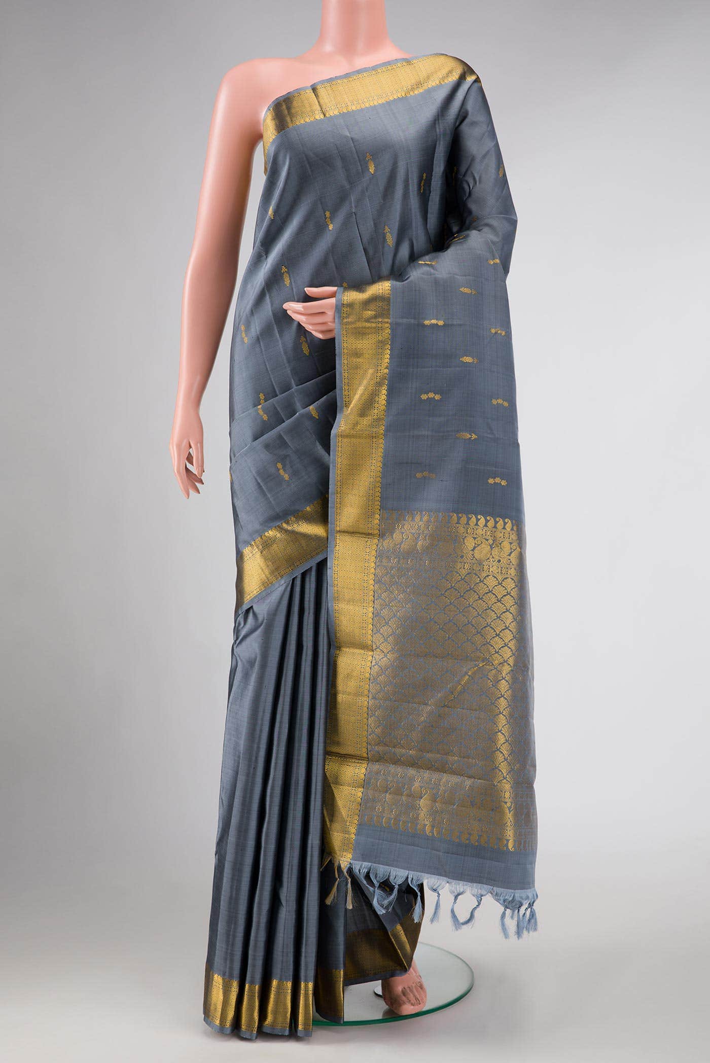 Pure Silk Pure Zari Grey Dual Tone Kanchipuram Saree