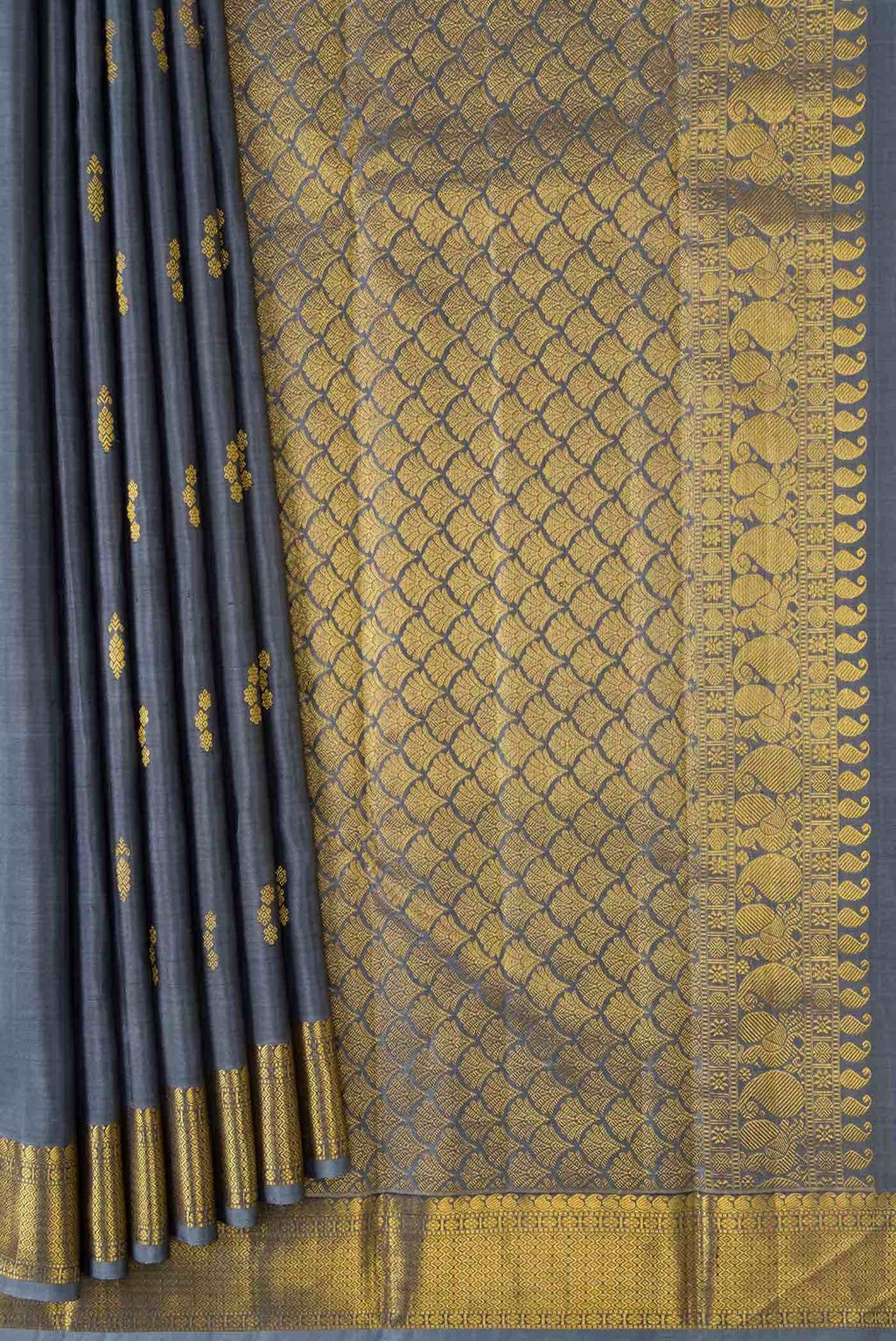 Pure Silk Pure Zari Grey Dual Tone Kanchipuram Saree