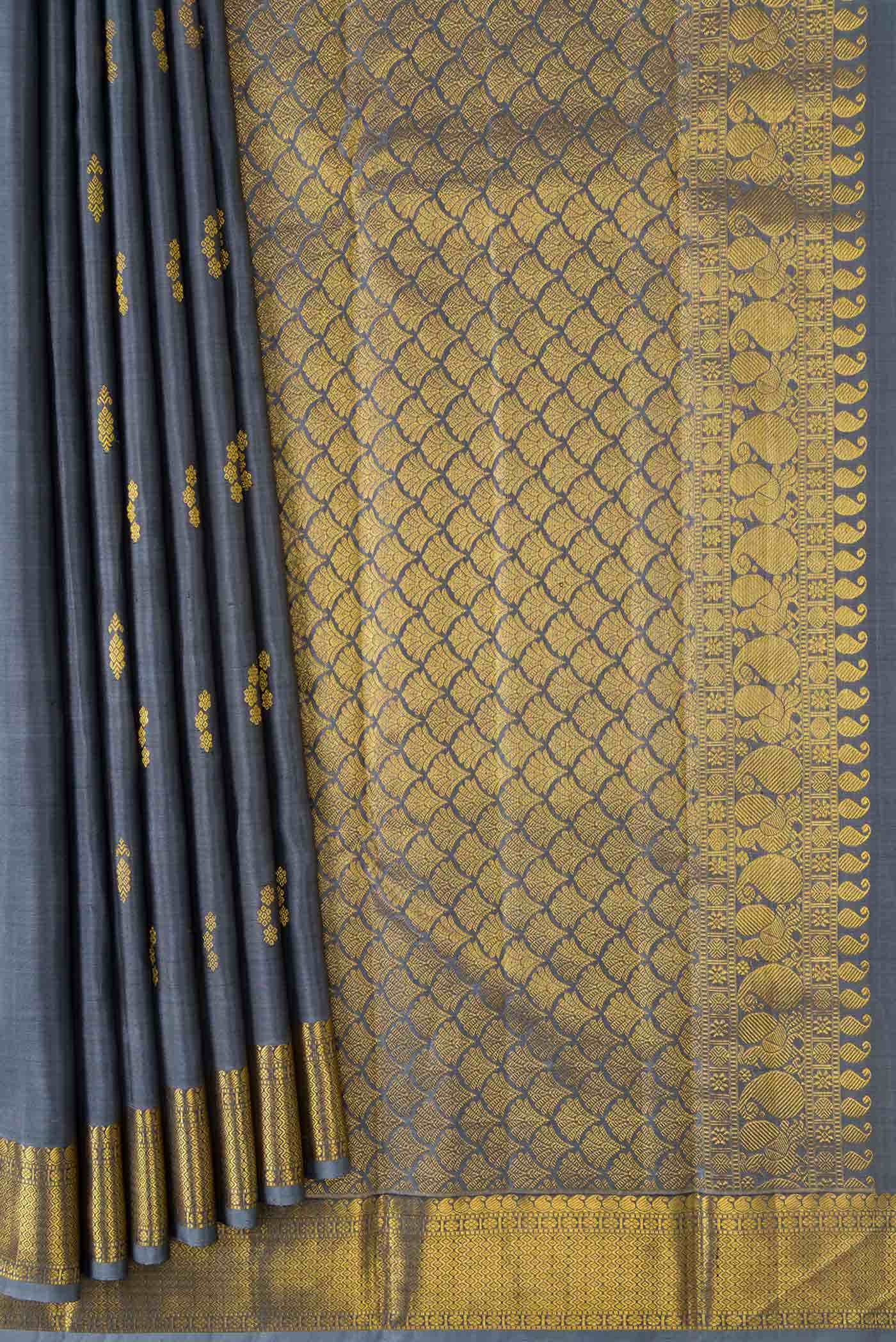 Pure Silk Pure Zari Grey Dual Tone Kanchipuram Saree