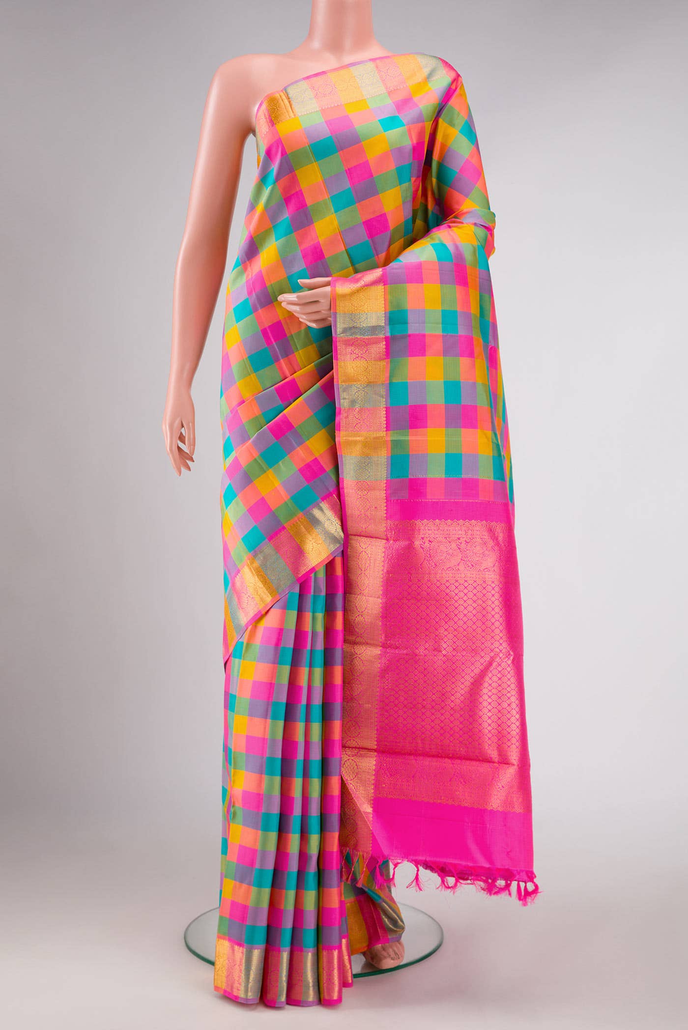 Pure Silk Pure Zari Sky Blue Pink and Yellow Dual Tone Kanchipuram Saree