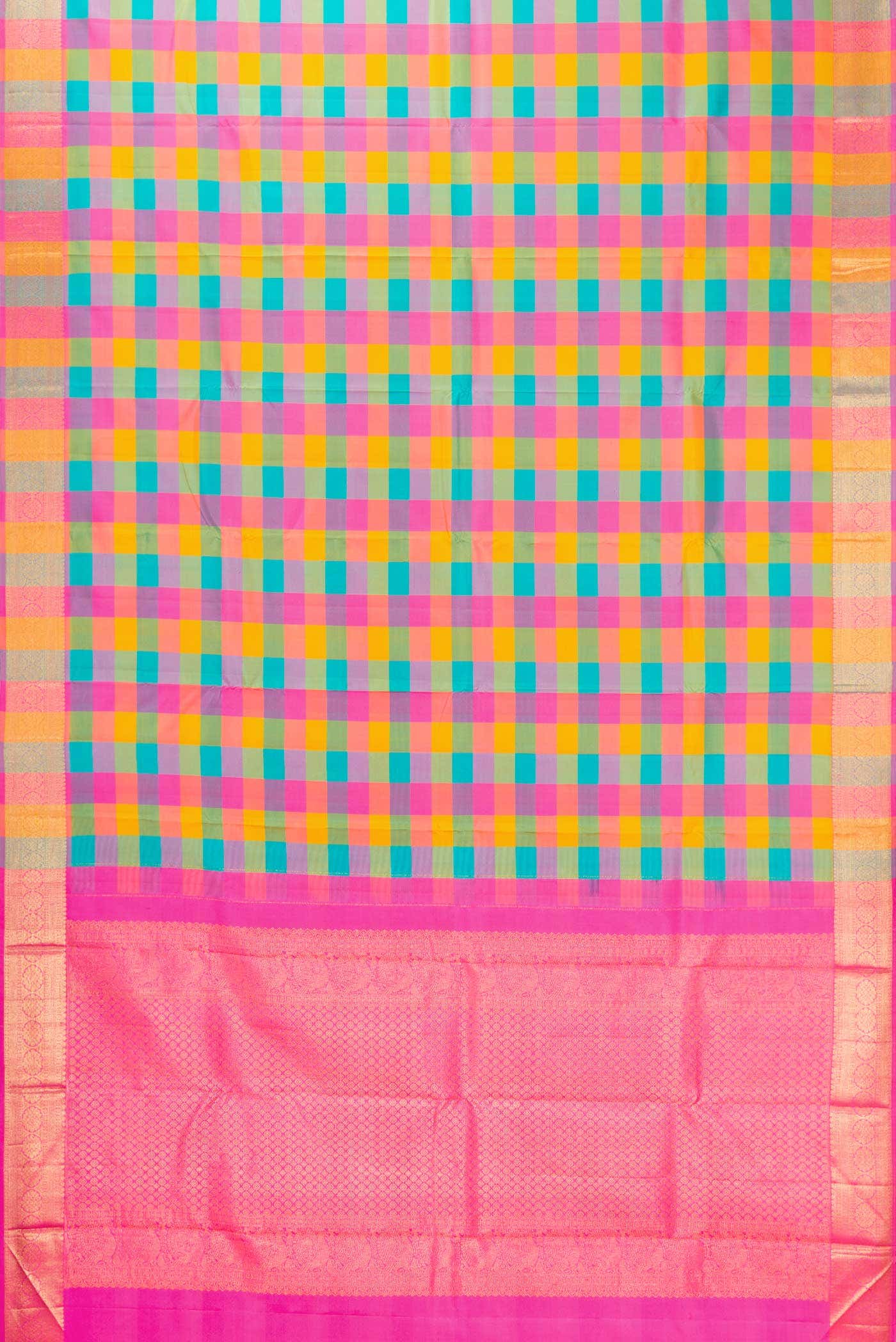 Pure Silk Pure Zari Sky Blue Pink and Yellow Dual Tone Kanchipuram Saree