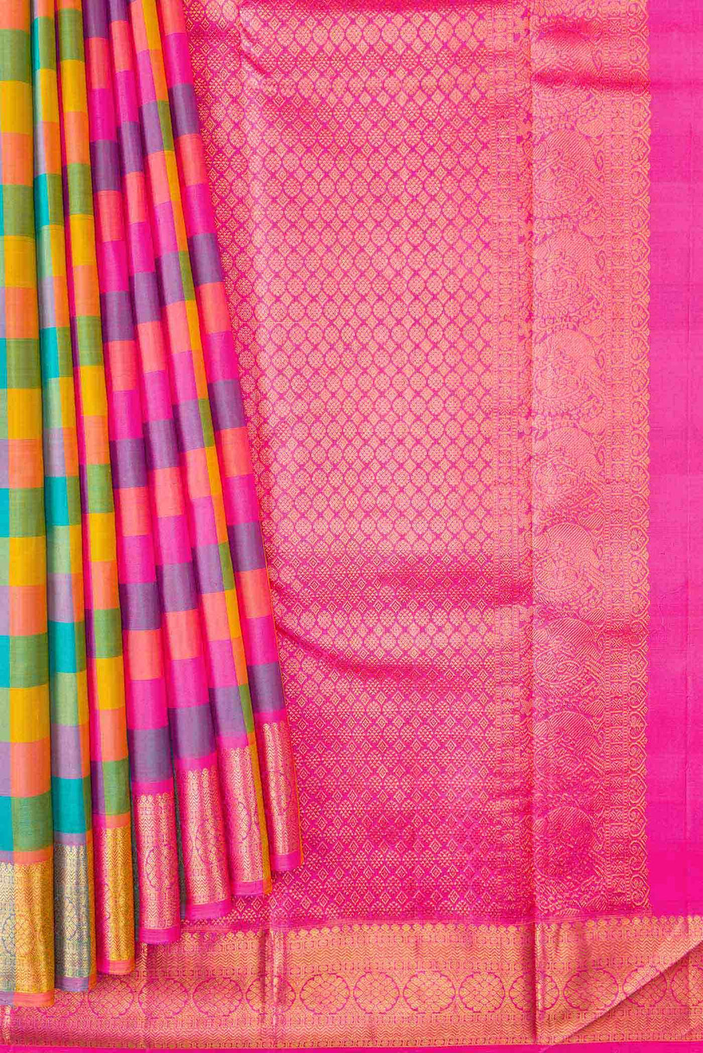 Pure Silk Pure Zari Sky Blue Pink and Yellow Dual Tone Kanchipuram Saree