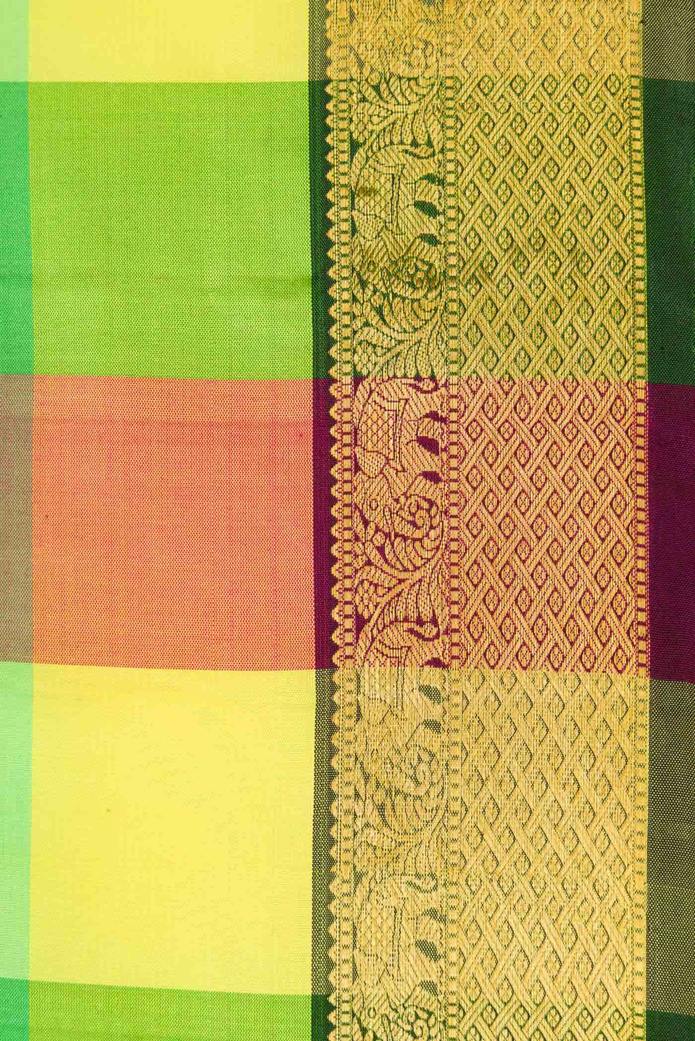 Pure Silk Pure Zari Yellow Green and Pink Dual Tone Kanchipuram Saree