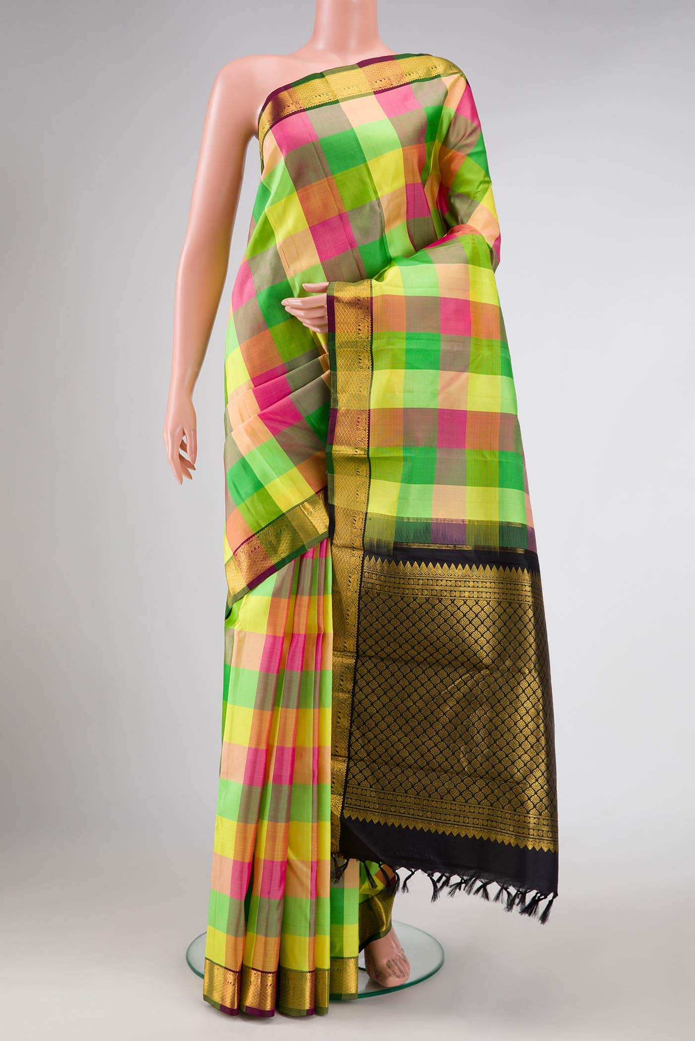 Pure Silk Pure Zari Yellow Green and Pink Dual Tone Kanchipuram Saree