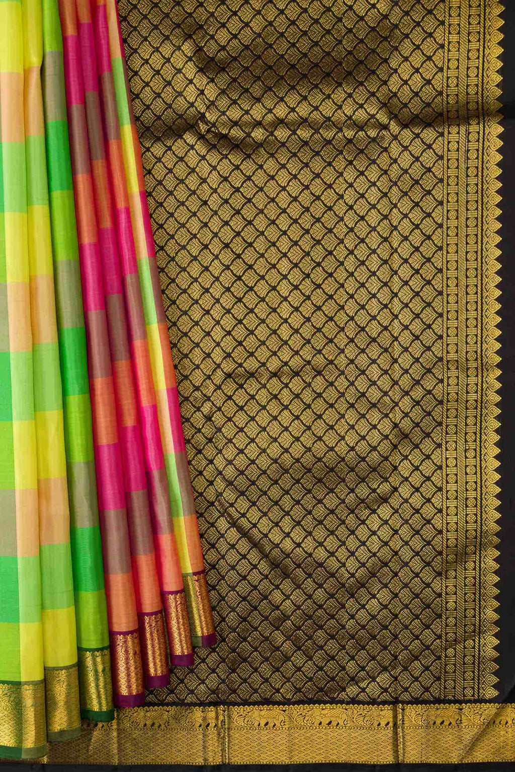 Pure Silk Pure Zari Yellow Green and Pink Dual Tone Kanchipuram Saree