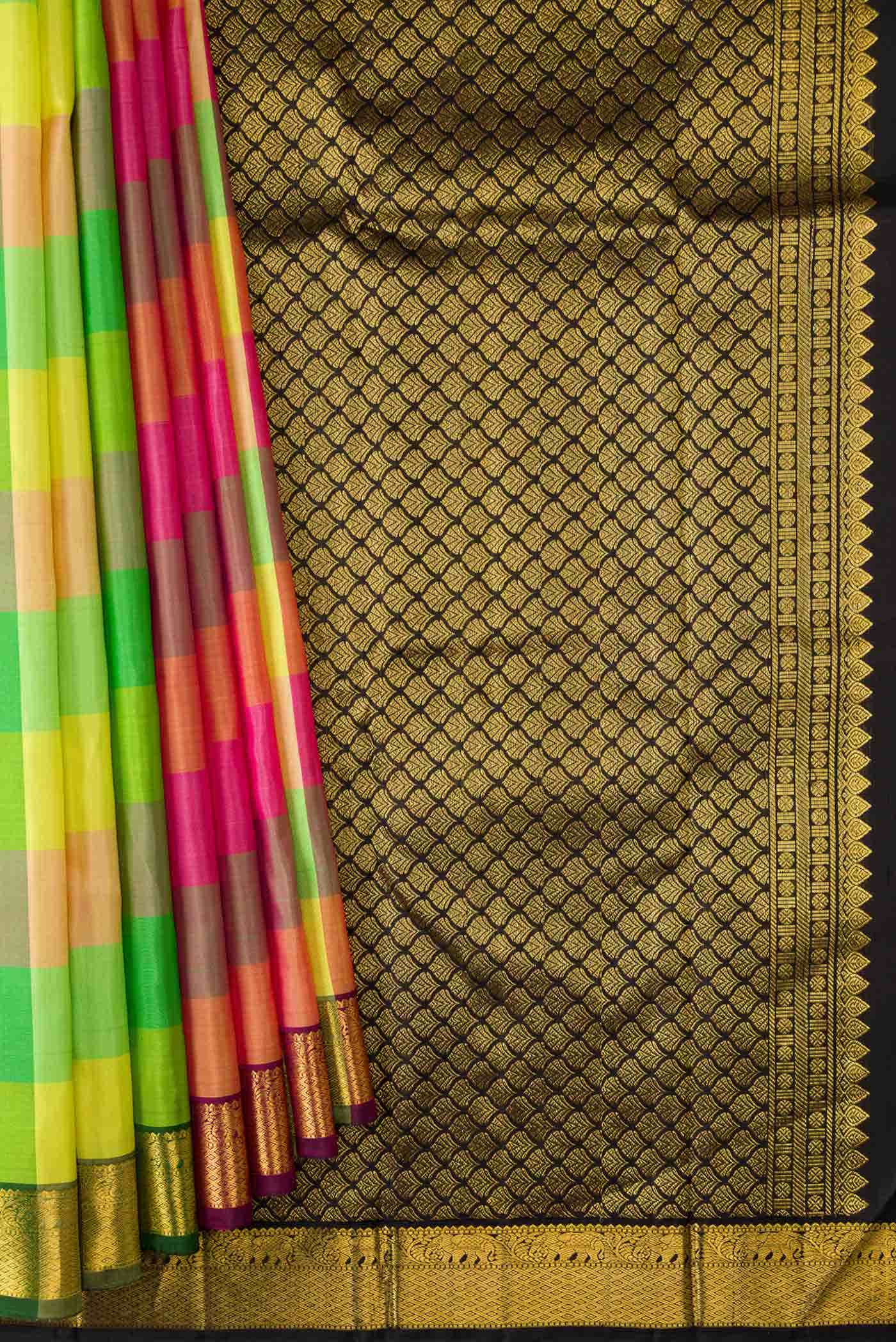 Pure Silk Pure Zari Yellow Green and Pink Dual Tone Kanchipuram Saree