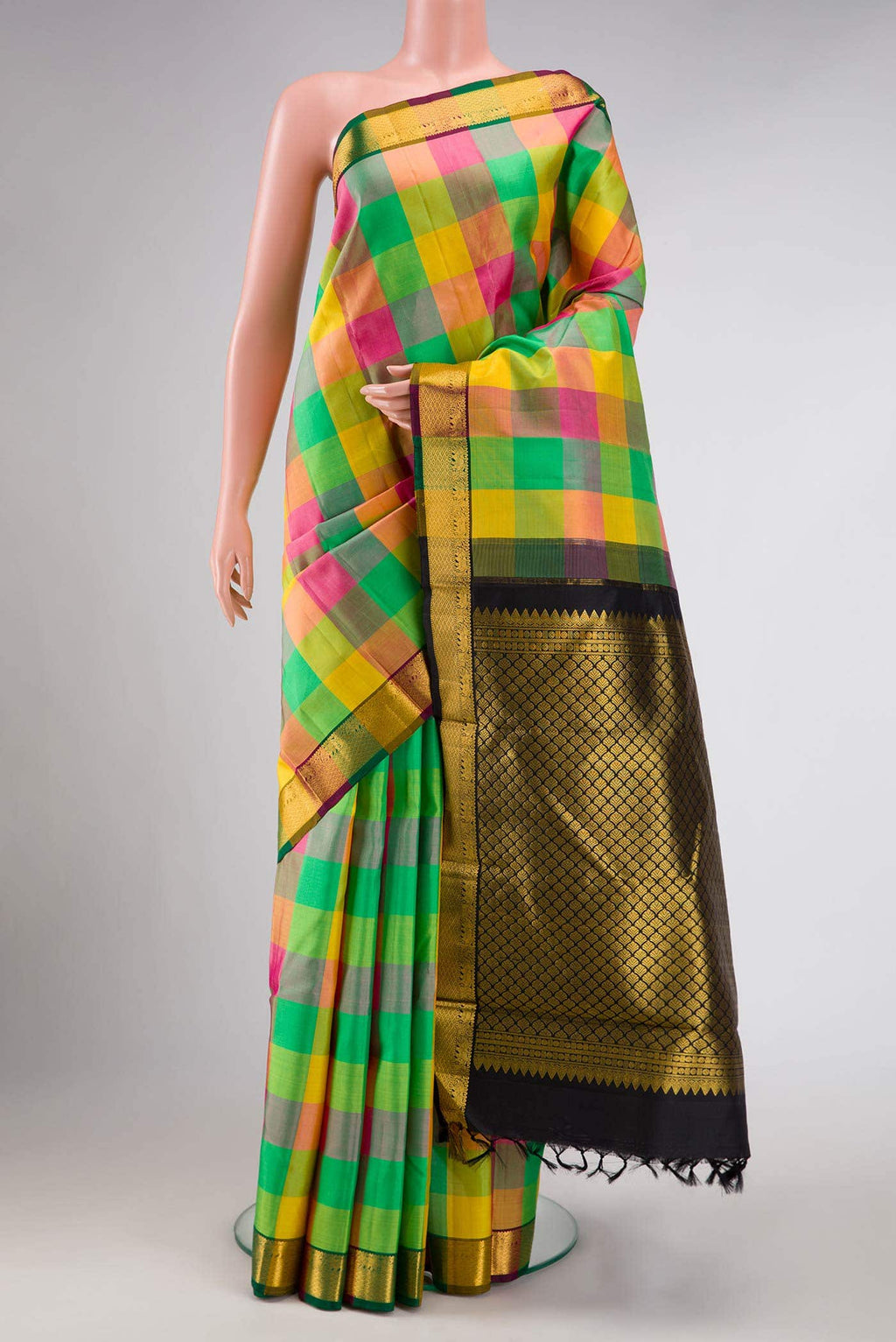 Pure Silk Pure Zari Yellow Pink and Green Dual Tone Kanchipuram Saree