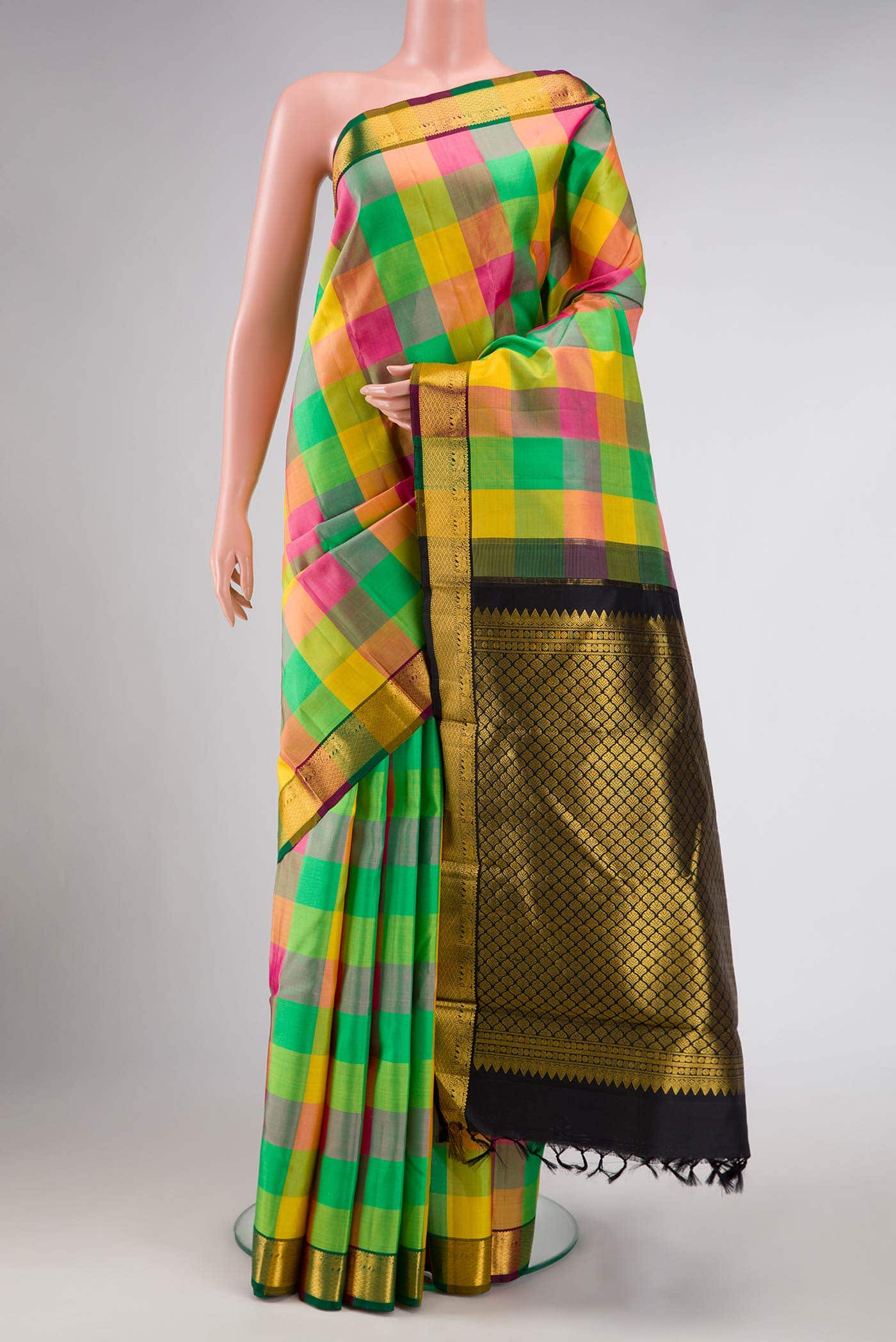 Pure Silk Pure Zari Yellow Pink and Green Dual Tone Kanchipuram Saree