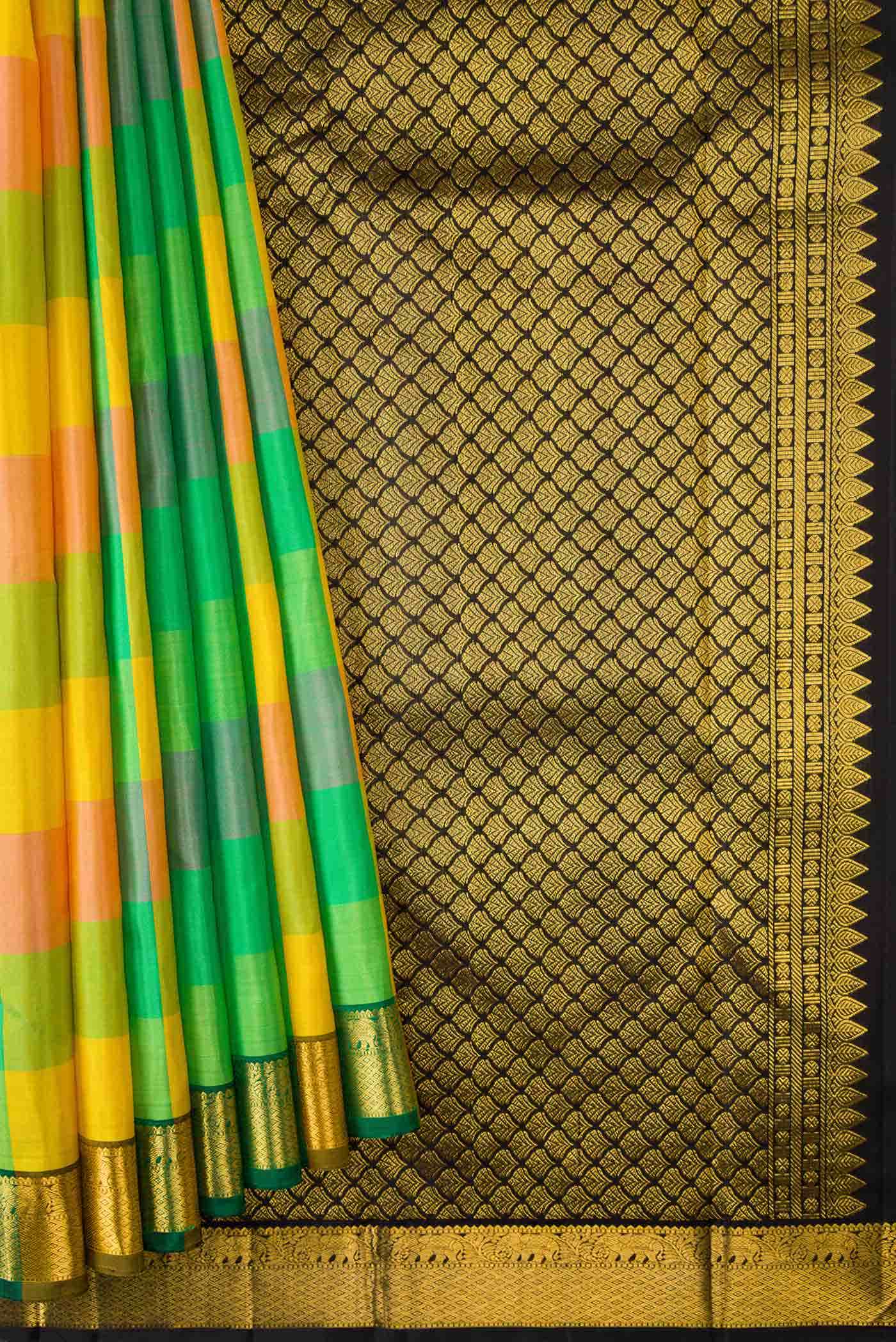 Pure Silk Pure Zari Yellow Pink and Green Dual Tone Kanchipuram Saree