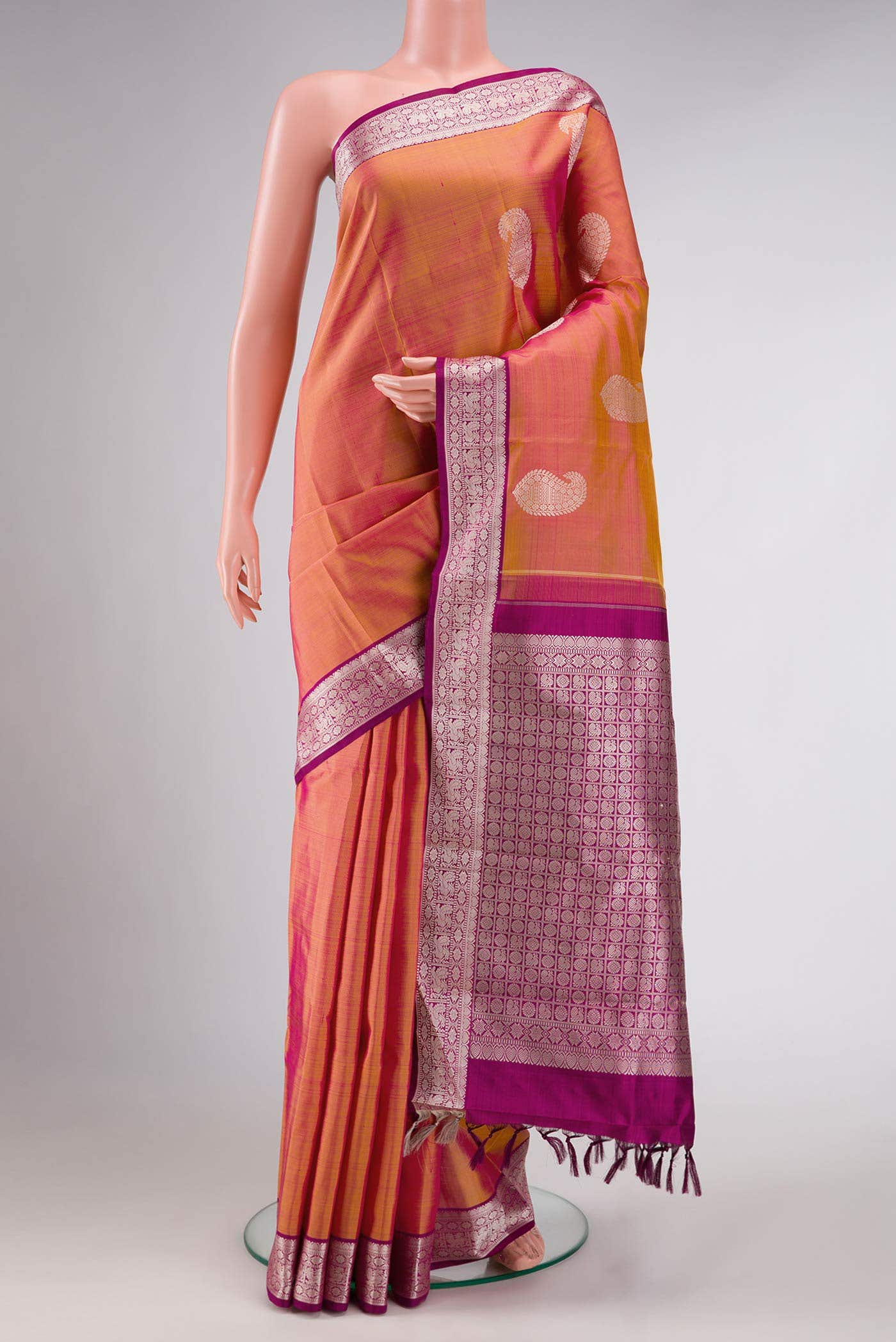 Coral Dual Tone Kanchipuram Silk Saree