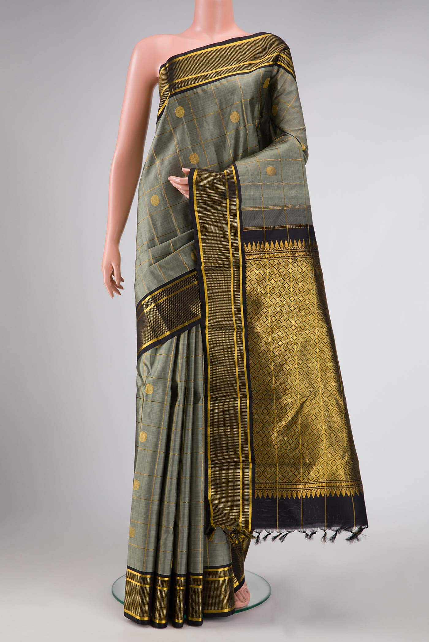Pure Silk Pure Zari Grey Dual Tone Kanchipuram Saree