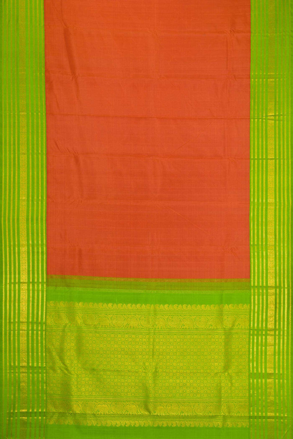 Pure Silk Pure Zari Brick Orange Dual Tone Kanchipuram Saree