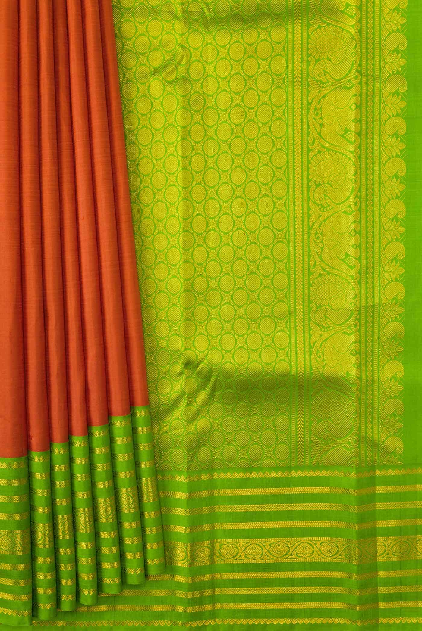 Pure Silk Pure Zari Brick Orange Dual Tone Kanchipuram Saree