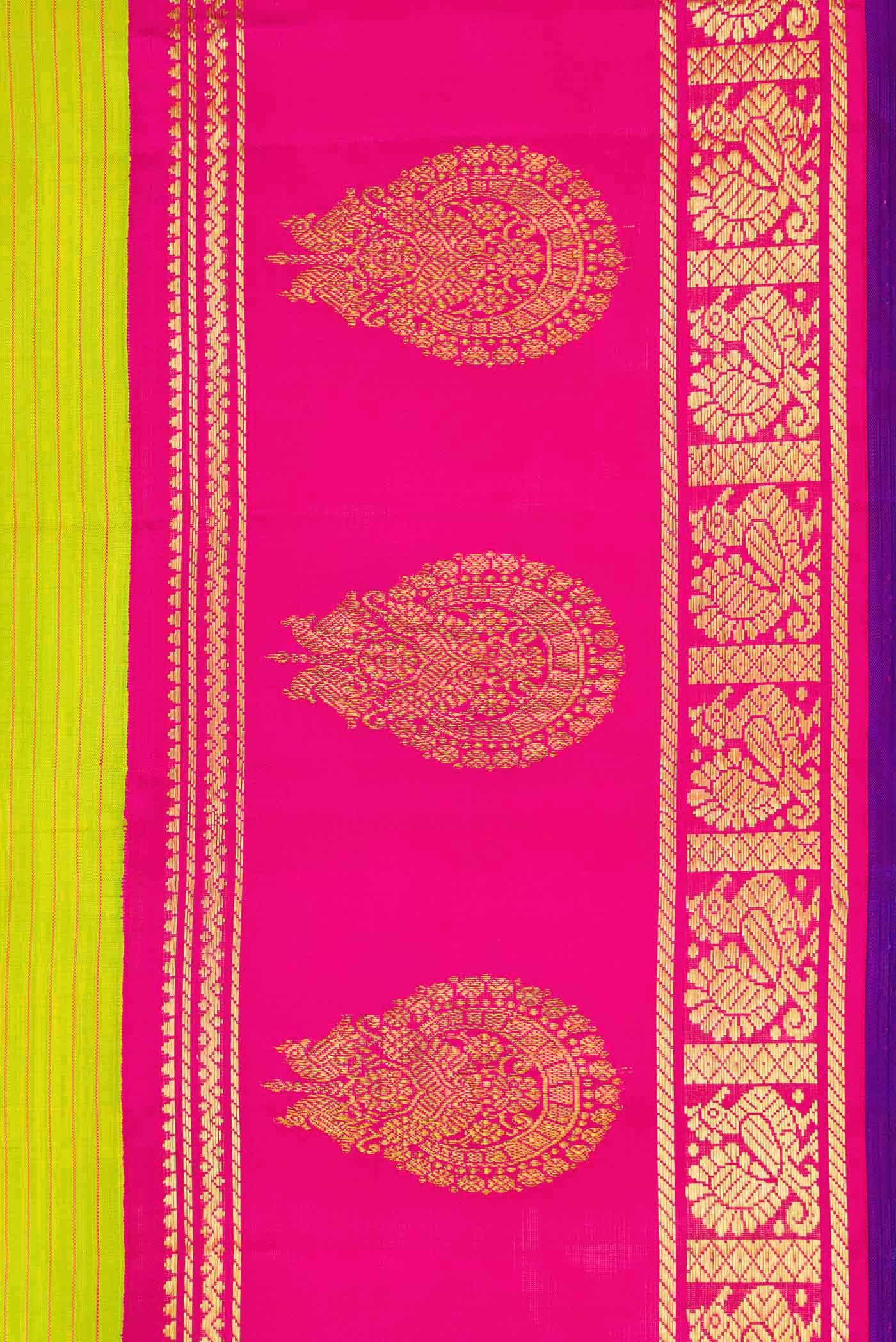 Pure Silk Pure Zari Parrot Green Dual Tone Kanchipuram Saree