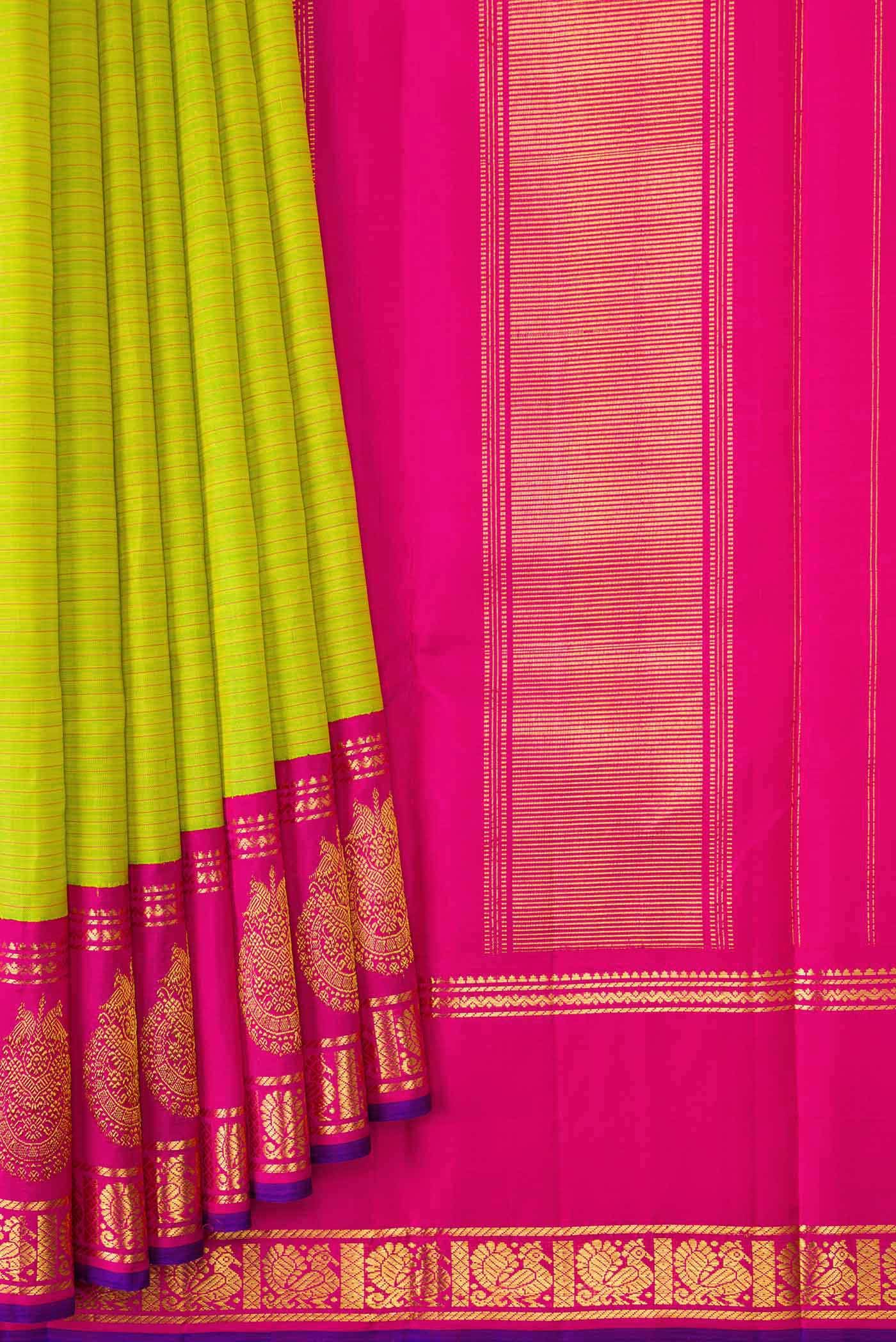 Pure Silk Pure Zari Parrot Green Dual Tone Kanchipuram Saree