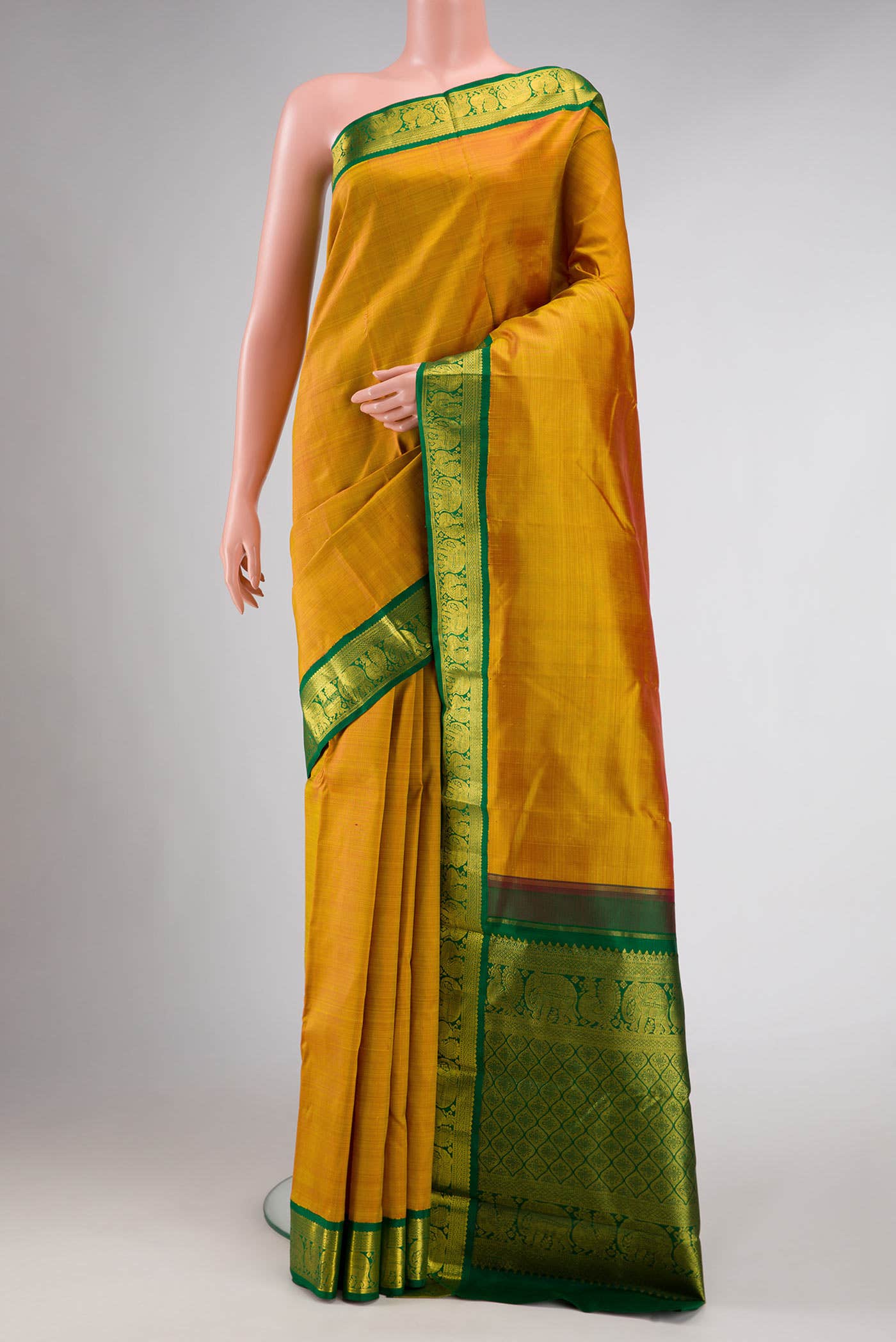 Pure Silk Pure Zari Mustard Dual Tone Kanchipuram Saree