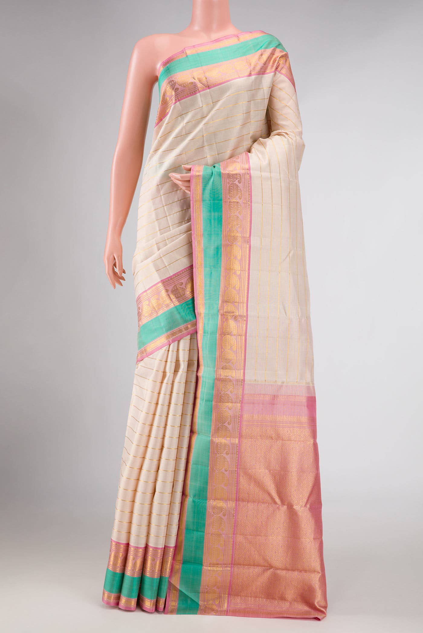 Pure Silk Pure Zari Cream Dual Tone Kanchipuram Saree