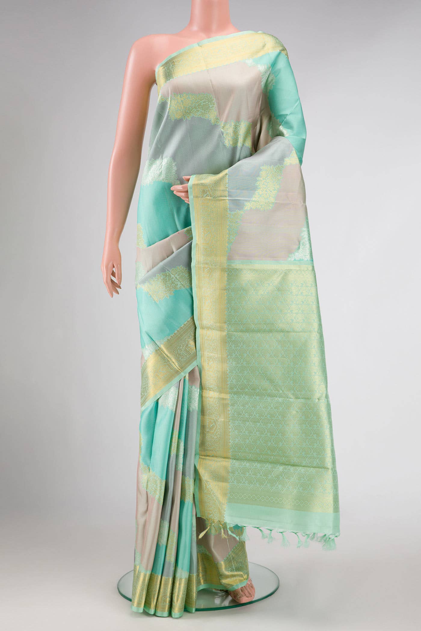 Green Grey and Brown Dual Tone Kanchipuram Silk Saree