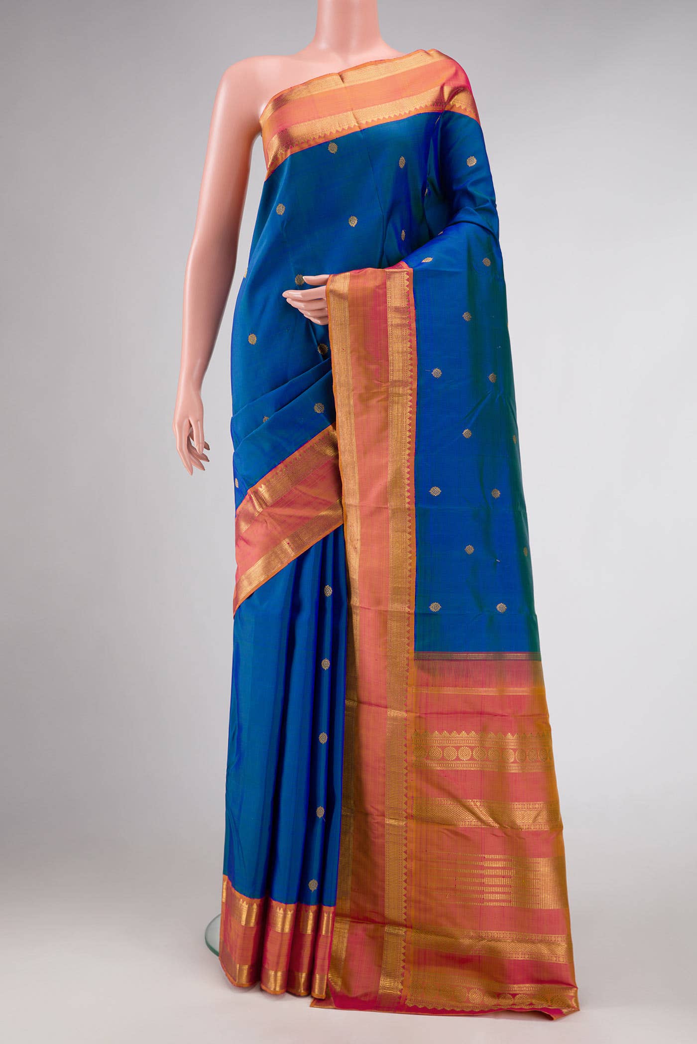 Pure Silk Pure Zari Peacock Blue Dual Tone Kanchipuram Saree