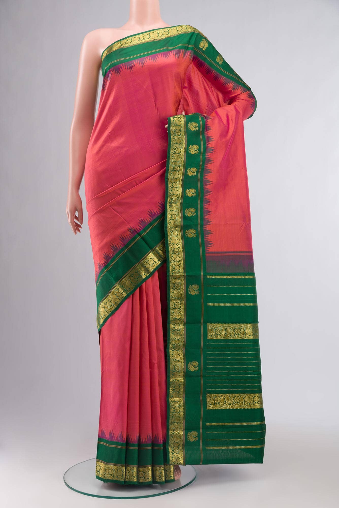 Pure Silk Pure Zari Pink with Orange Dual Tone Kanchipuram Saree
