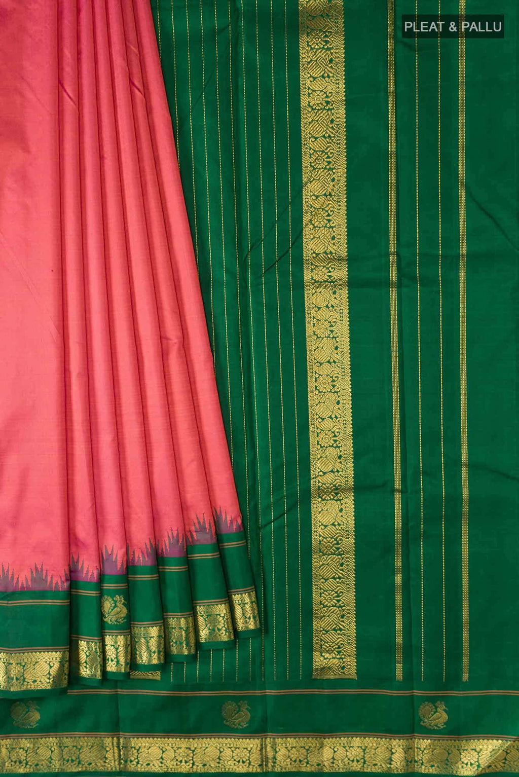 Pure Silk Pure Zari Pink with Orange Dual Tone Kanchipuram Saree
