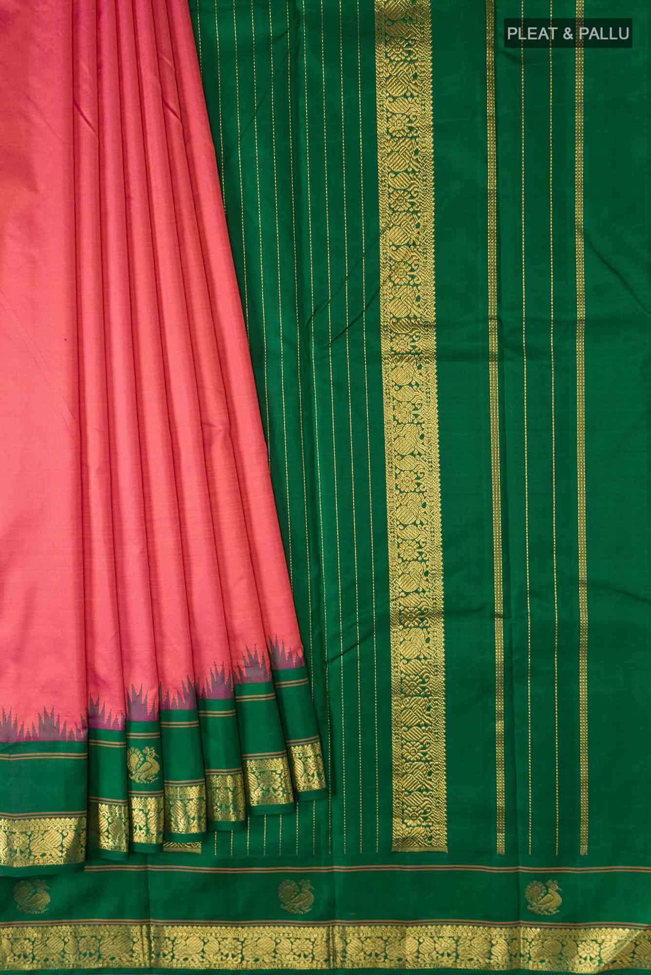 Pure Silk Pure Zari Pink with Orange Dual Tone Kanchipuram Saree