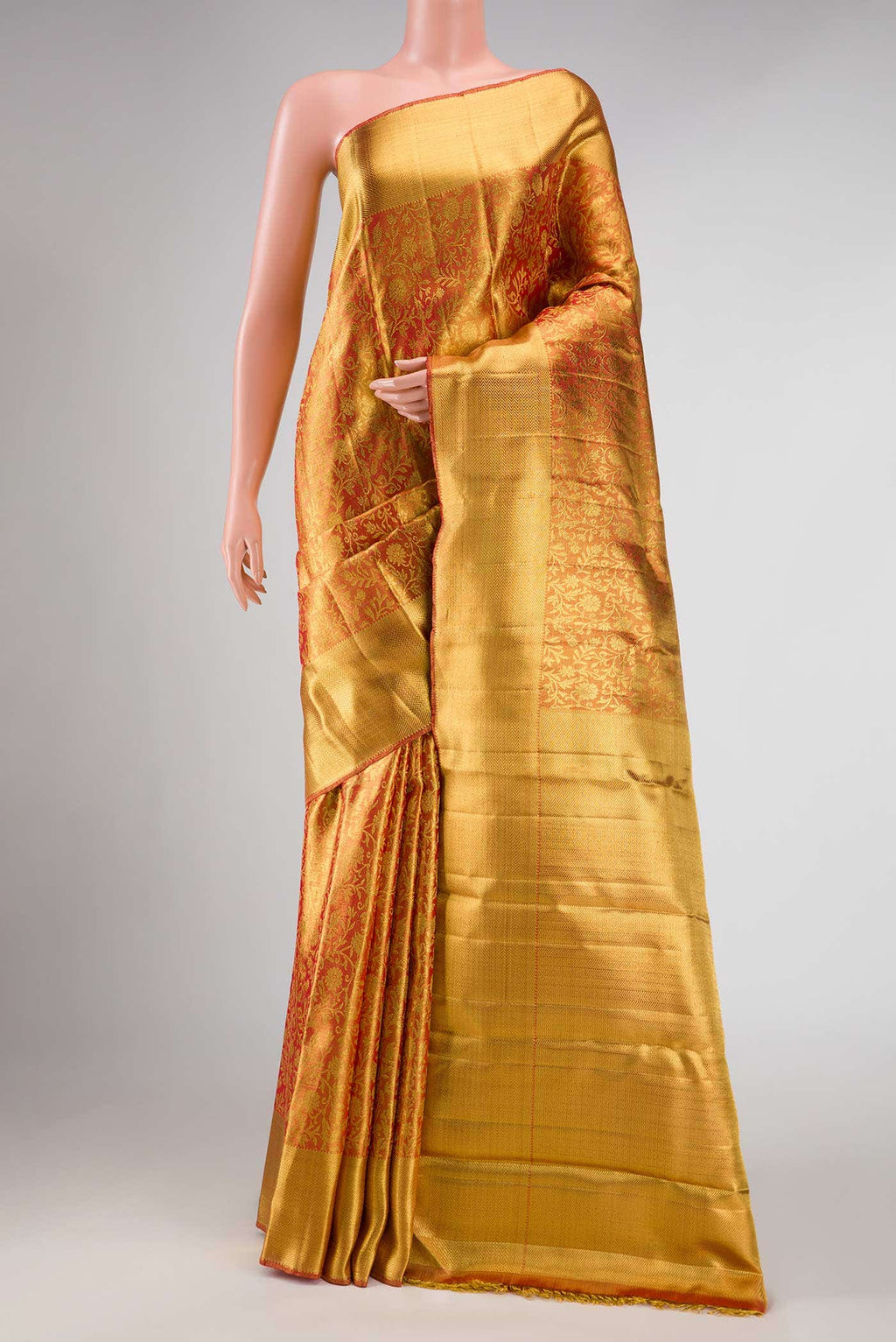 Pure Silk Pure Zari Red Dual Tone Kanchipuram Tissue Saree
