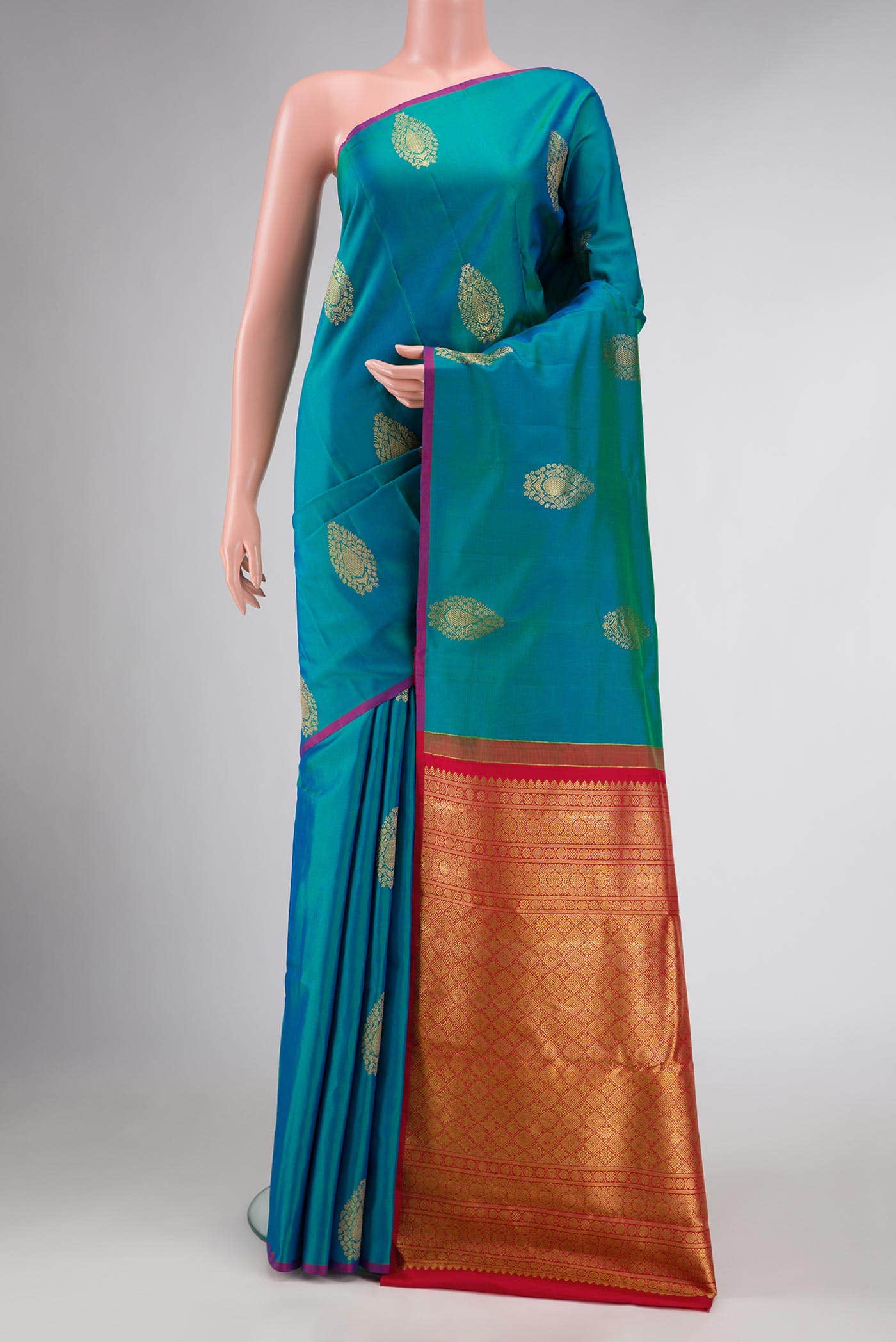 Pure Silk Pure Zari Teal Green Dual Tone Kanchipuram Saree