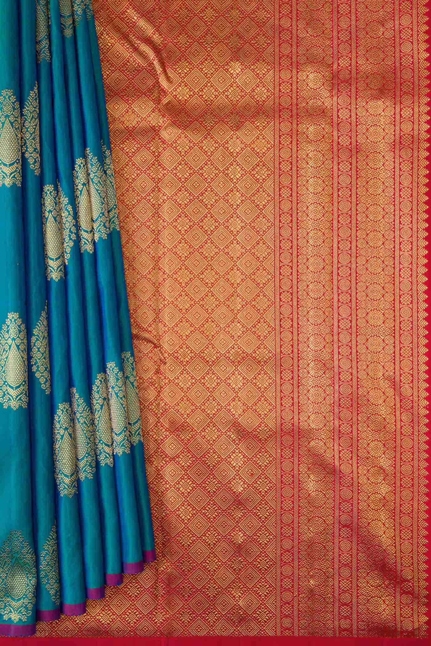 Pure Silk Pure Zari Teal Green Dual Tone Kanchipuram Saree