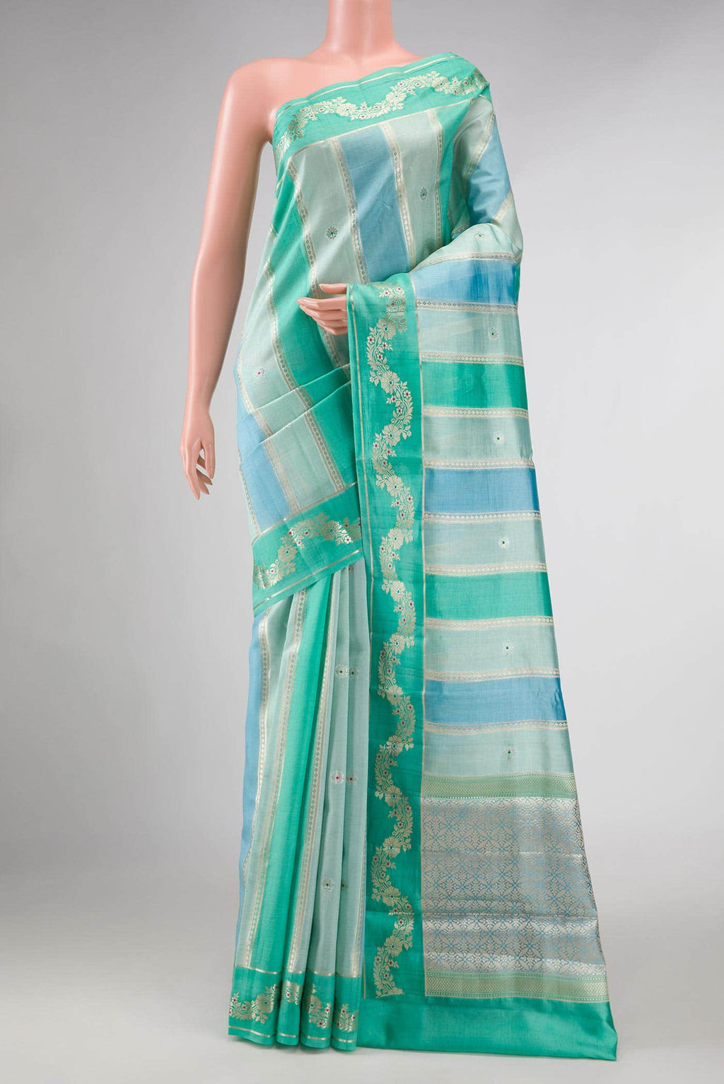 Sea Green and Sky Blue Dual Tone Tussar Silk Saree